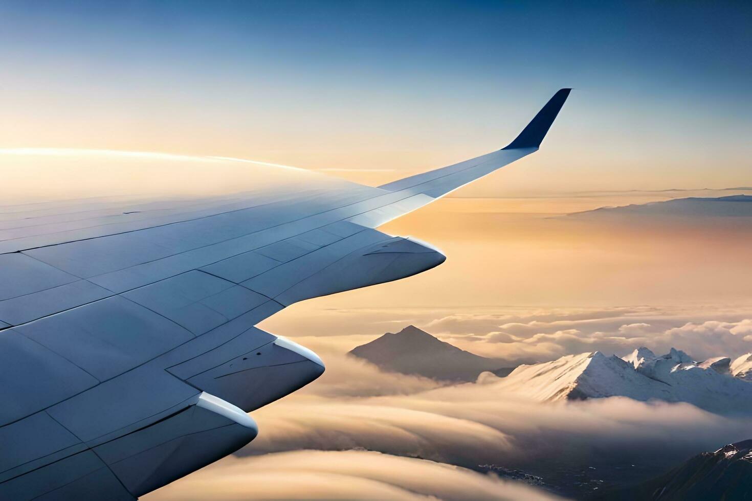 an airplane wing flying over mountains and clouds. AI-Generated photo