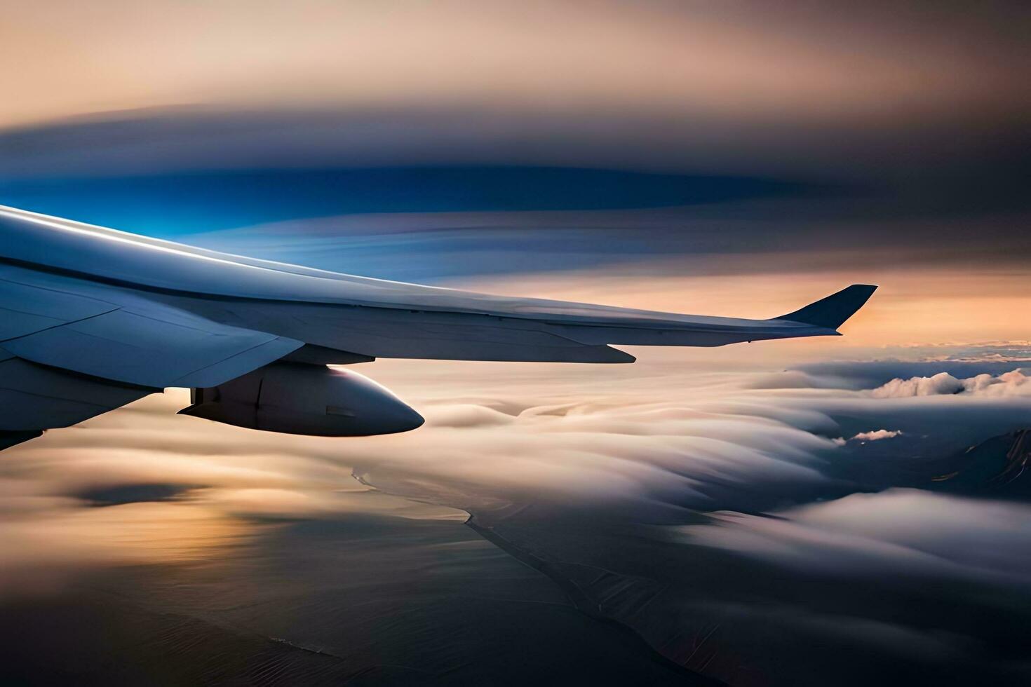 an airplane wing is seen flying over the clouds. AI-Generated photo