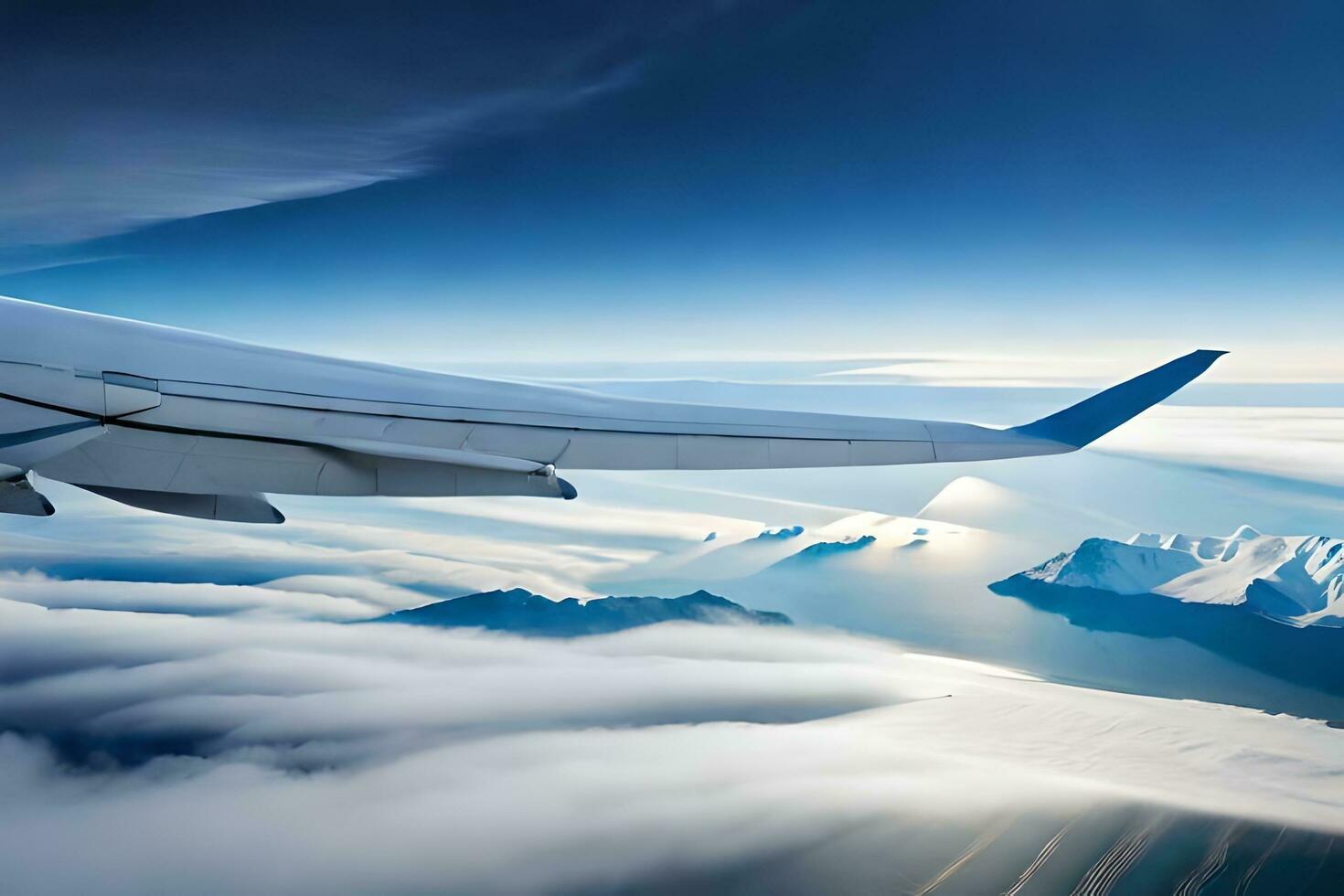 an airplane wing flying over a mountain range. AI-Generated photo