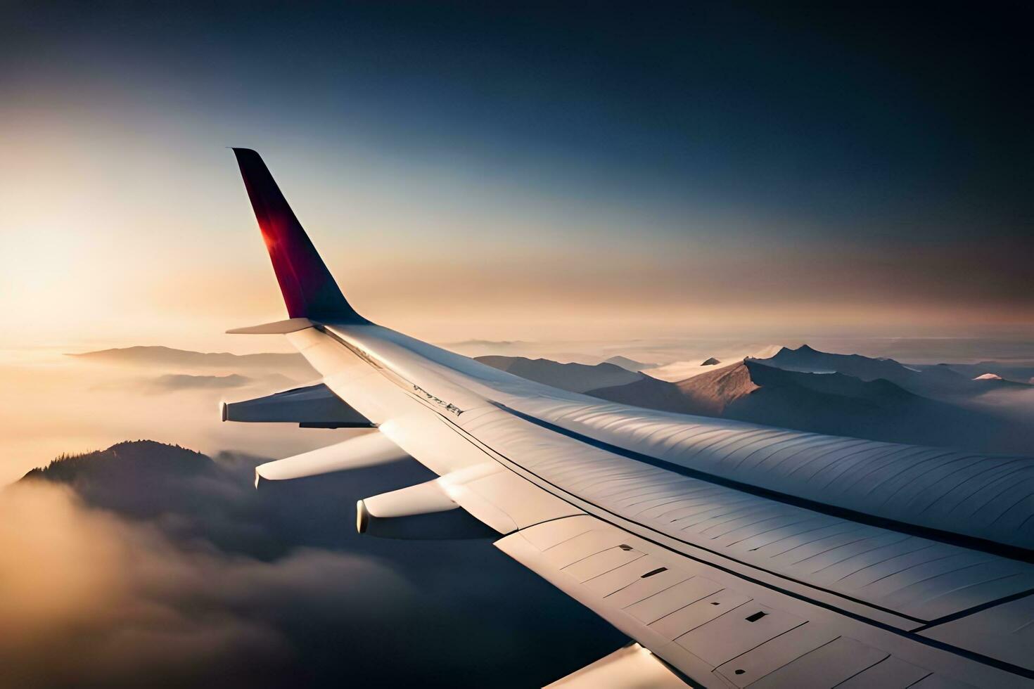 an airplane wing flying over the mountains. AI-Generated photo