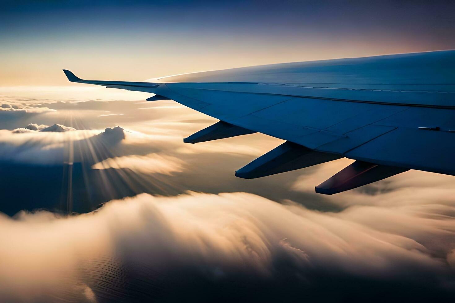 an airplane wing is seen flying over the clouds. AI-Generated photo