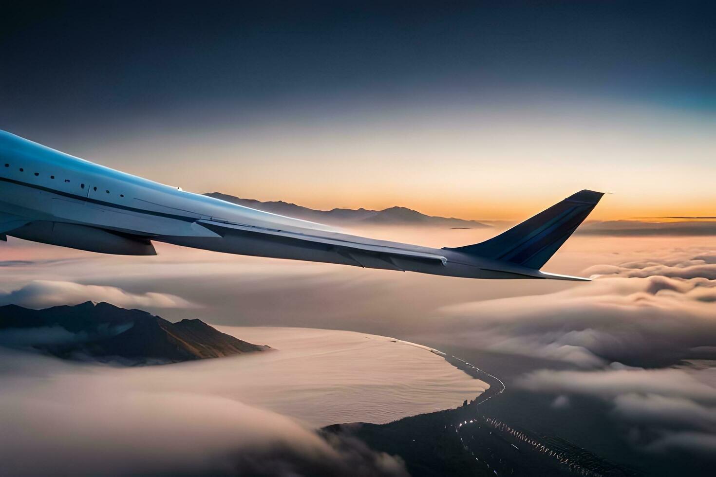 an airplane wing flying over the clouds at sunset. AI-Generated photo