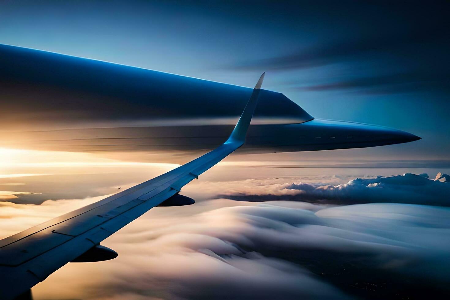 a view of the wing of an airplane flying over clouds. AI-Generated photo