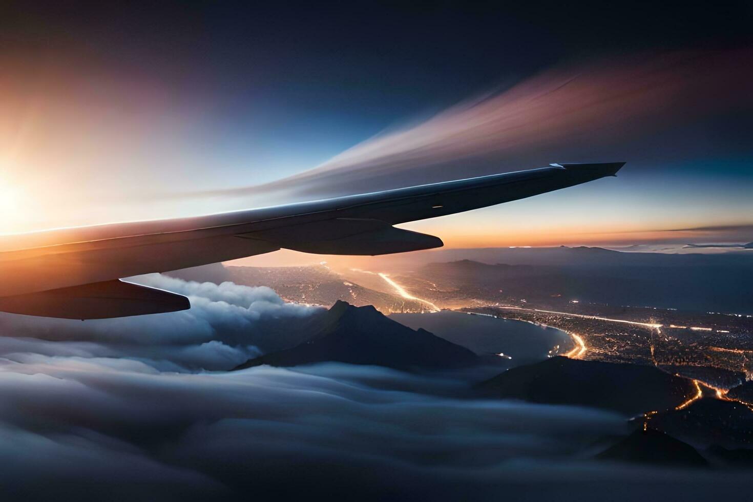 an airplane wing flying over a city at sunset. AI-Generated photo