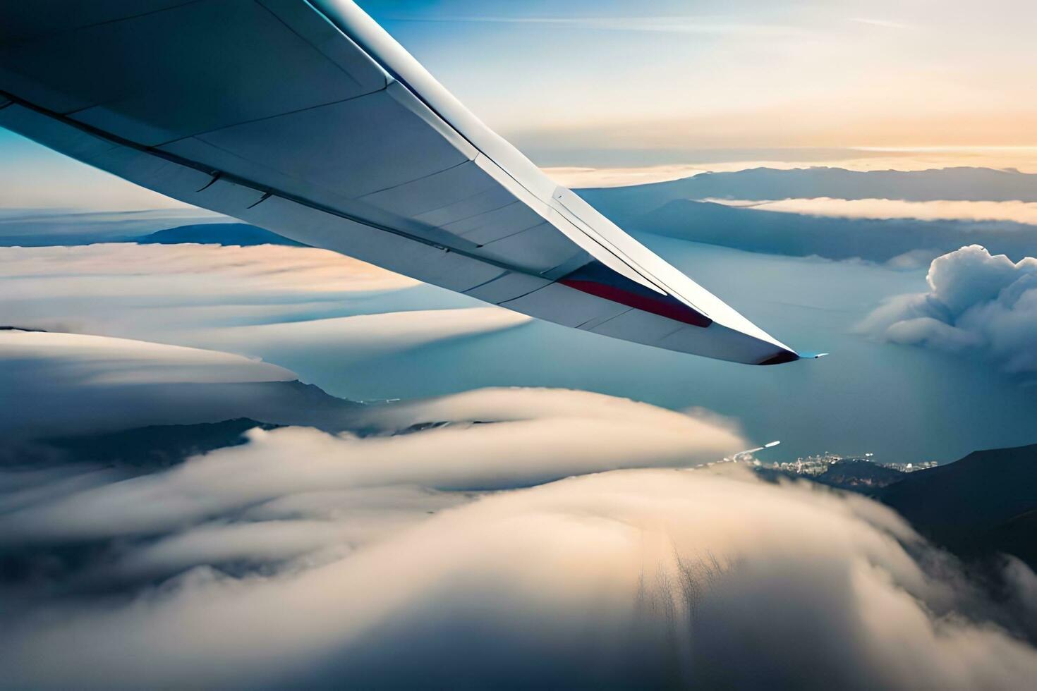 an airplane wing is flying over a body of water. AI-Generated photo