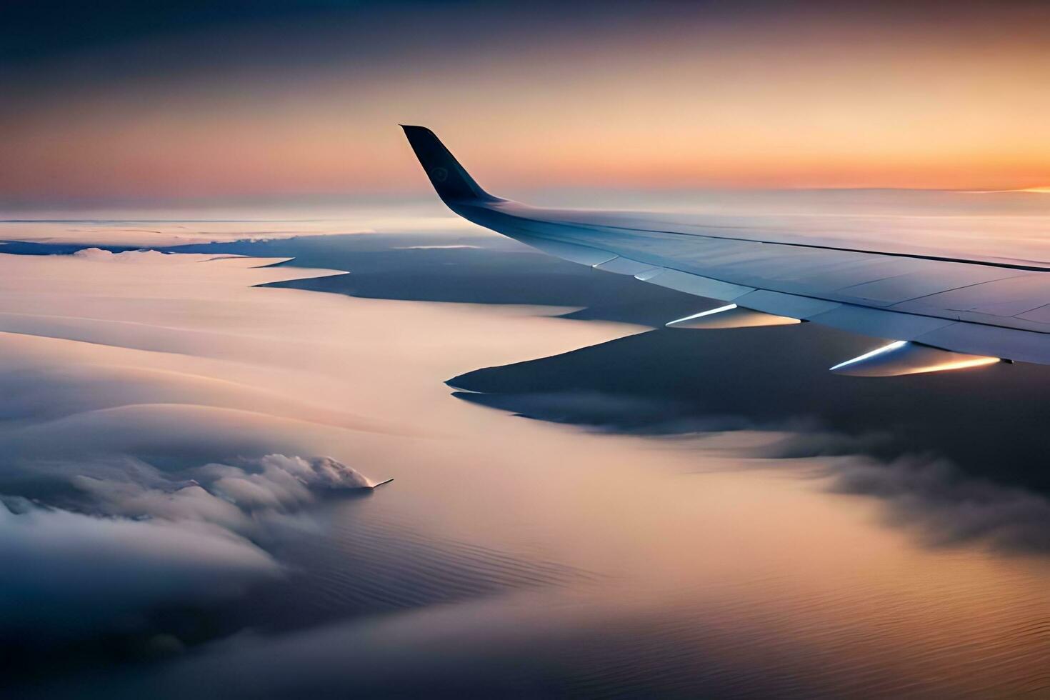 an airplane wing is flying over the ocean at sunset. AI-Generated photo