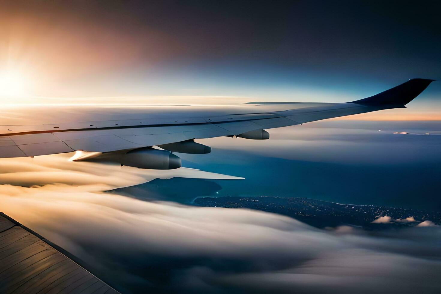 an airplane wing is seen flying over clouds. AI-Generated photo