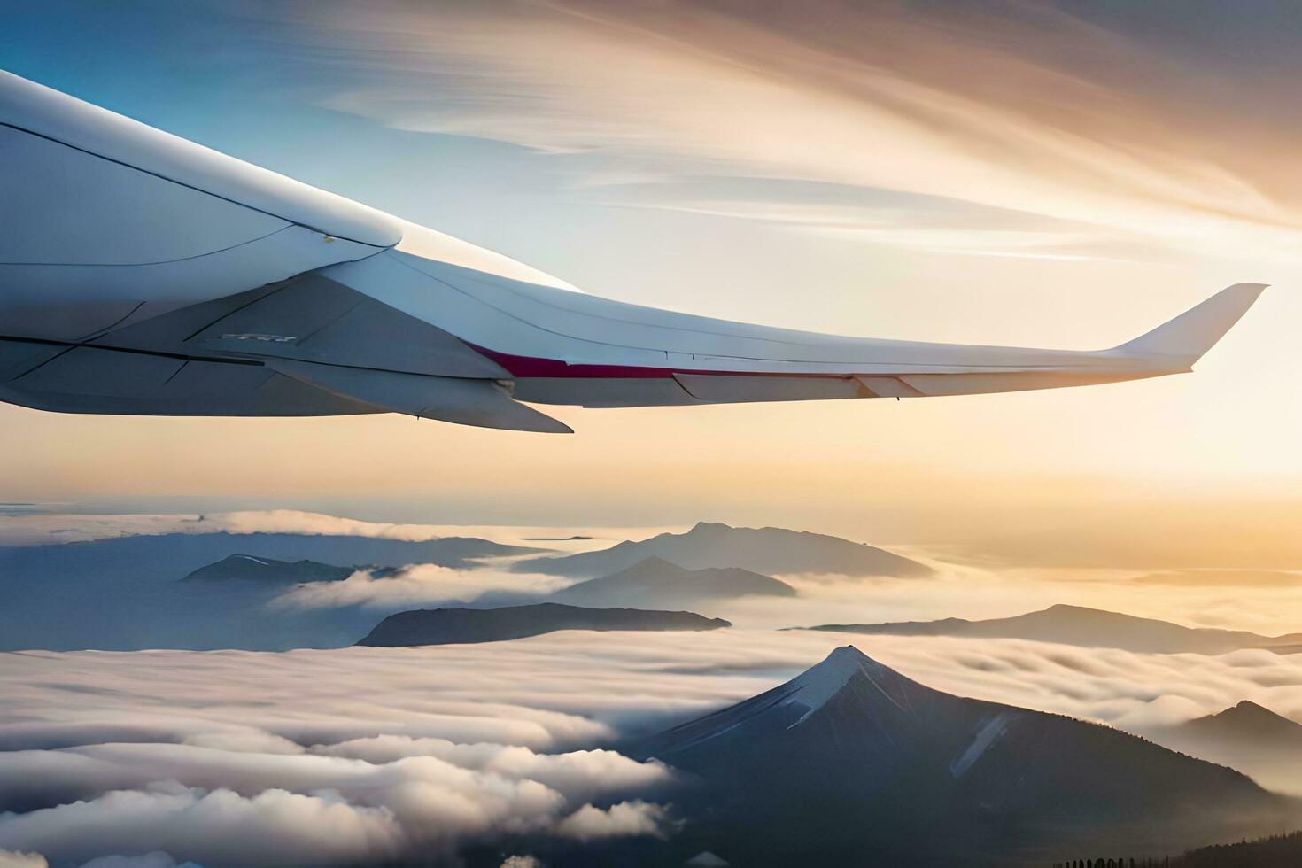 an airplane wing flying over the clouds. AI-Generated photo