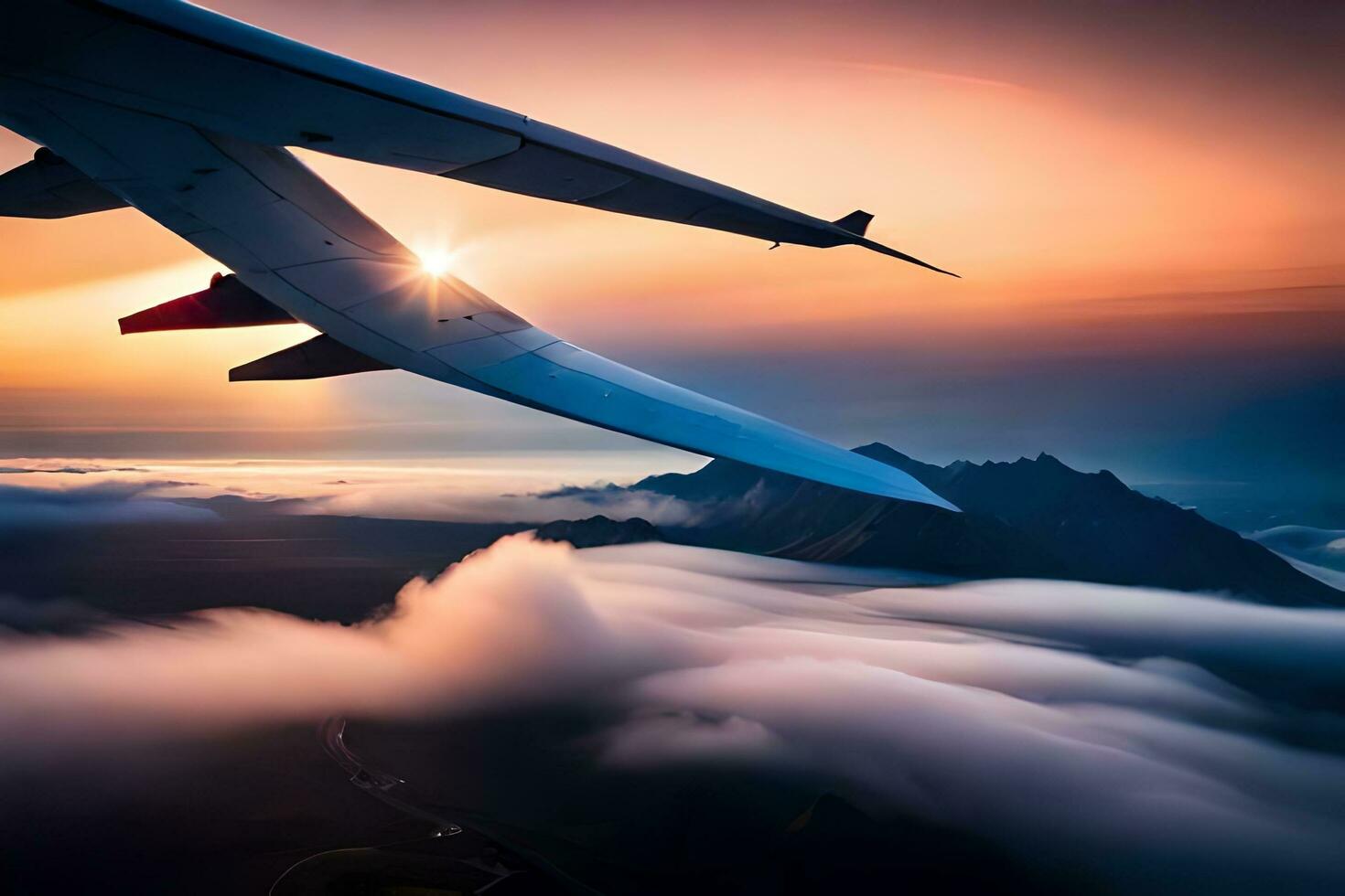 an airplane wing flying over clouds and mountains. AI-Generated photo