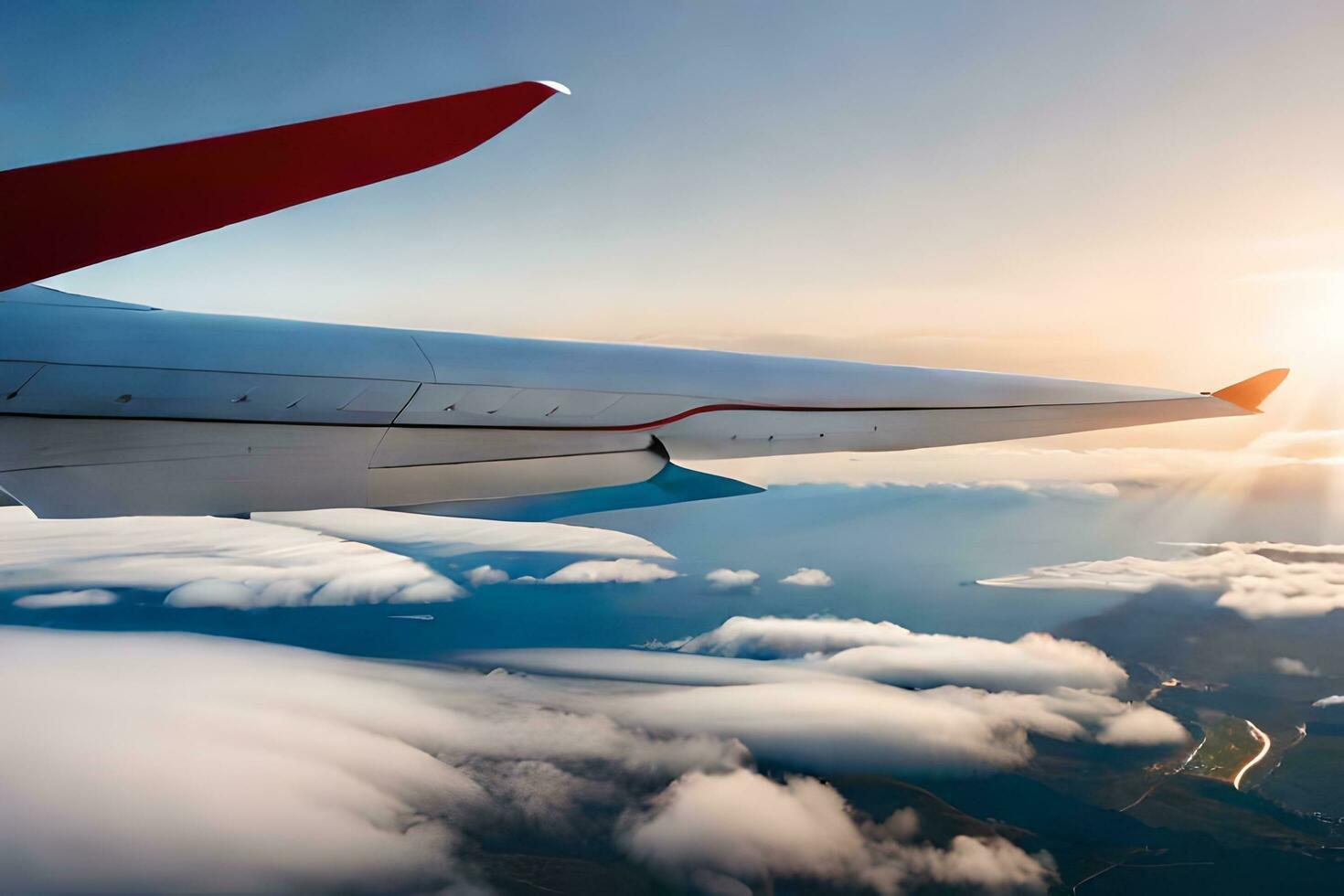 an airplane wing is seen flying over clouds. AI-Generated photo