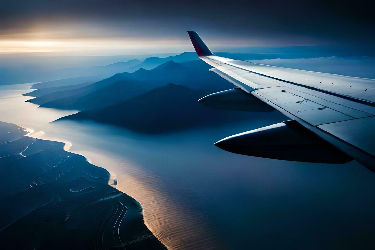 an airplane wing flying over a mountain range. AI-Generated photo