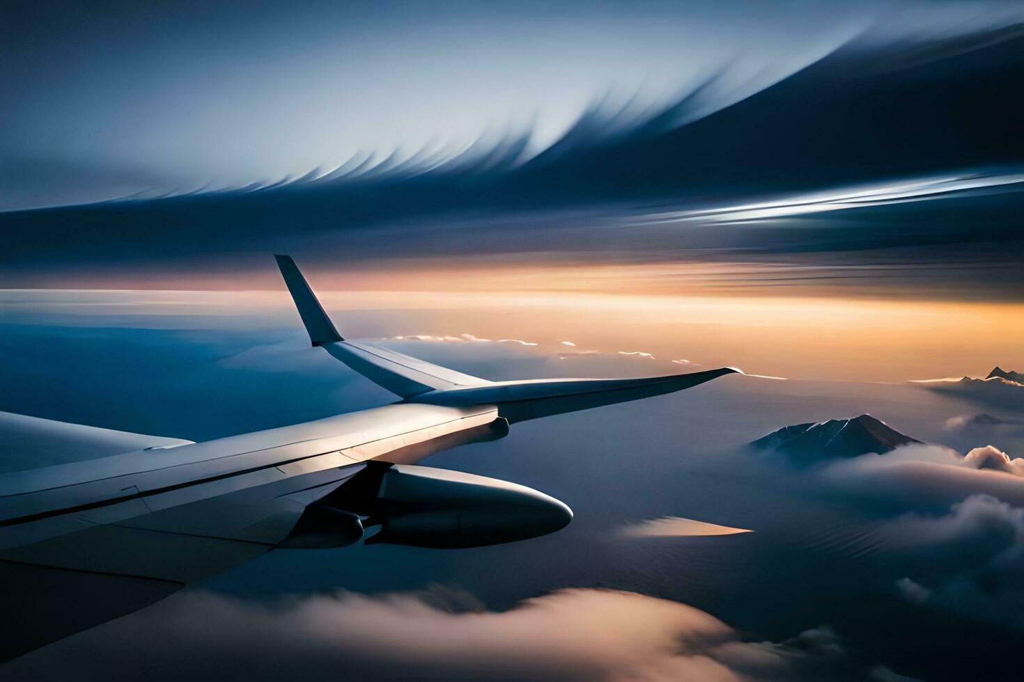 an airplane wing is seen flying over clouds. AI-Generated photo