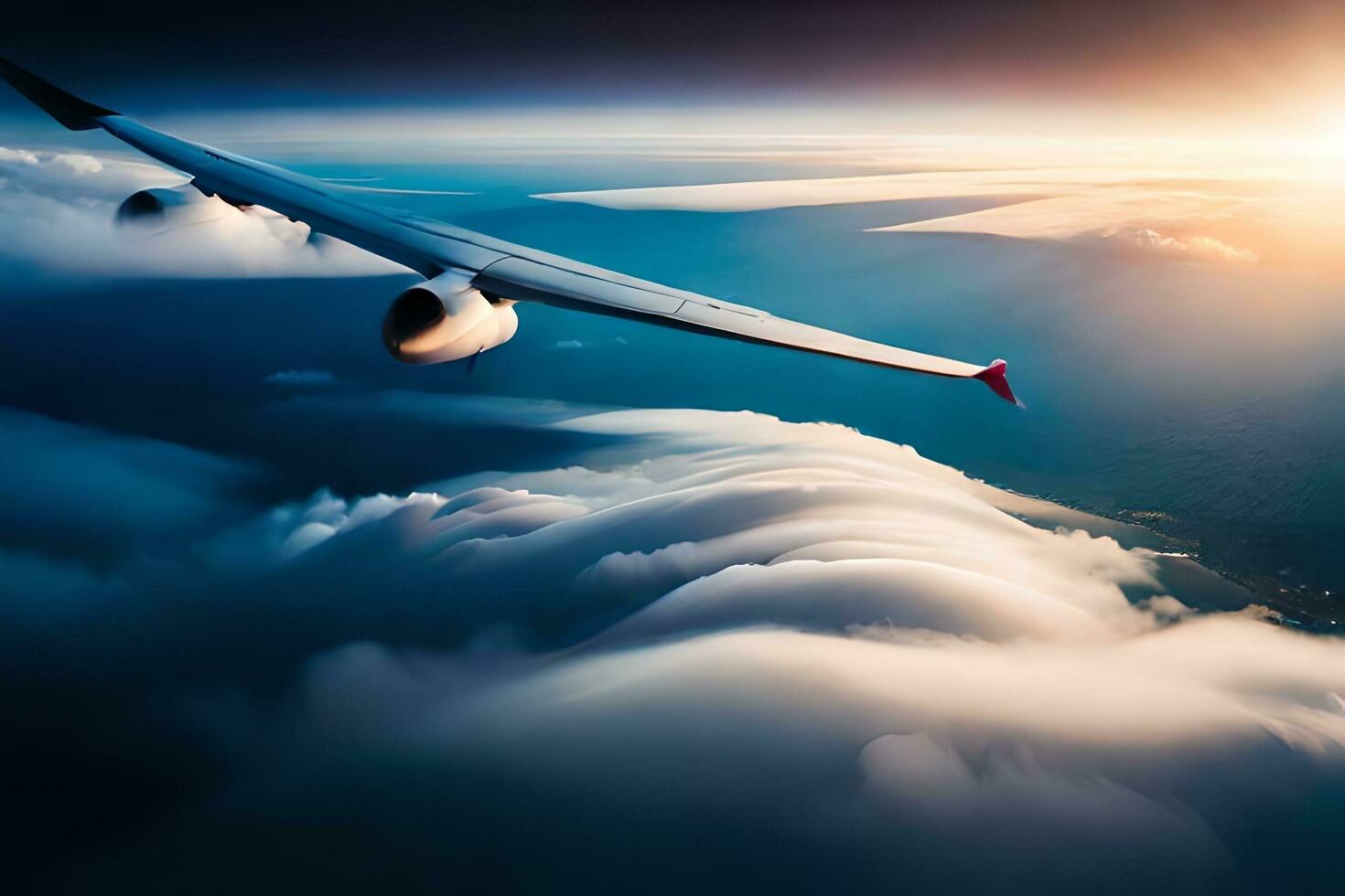 an airplane flying over clouds at sunset. AI-Generated photo