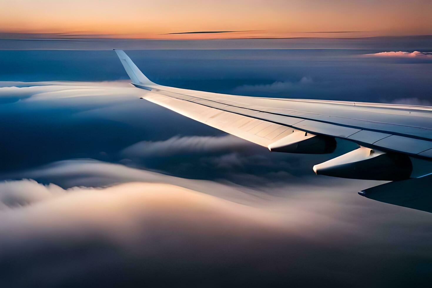 an airplane wing is seen flying over clouds. AI-Generated photo
