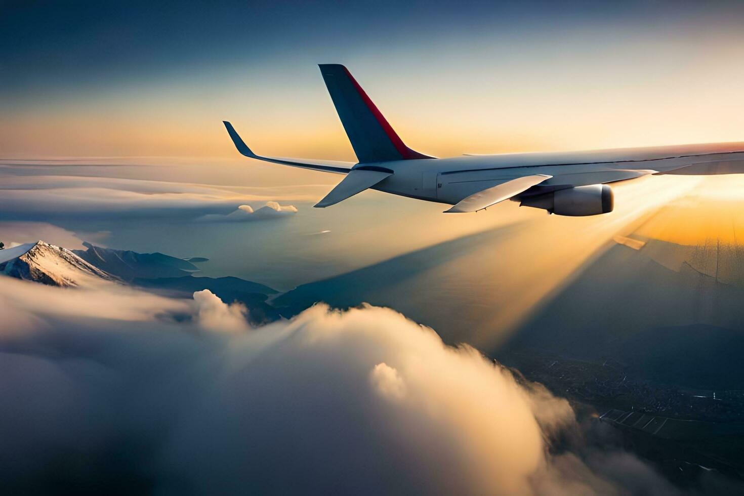 an airplane flying over a mountain range with clouds in the background. AI-Generated photo