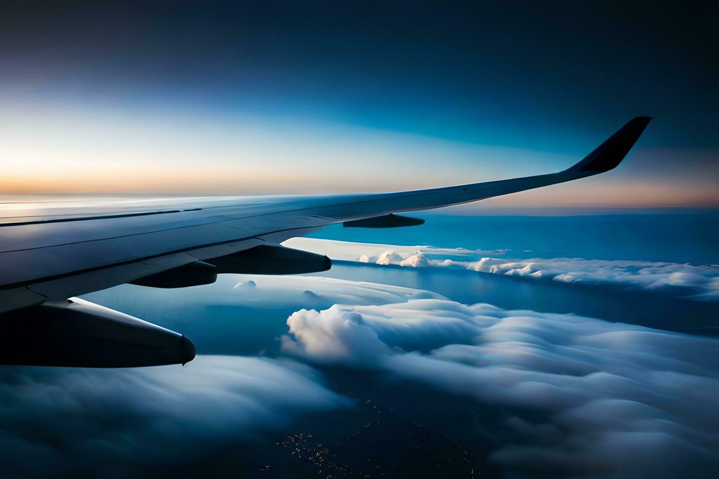 an airplane wing flying over the clouds at sunset. AI-Generated photo