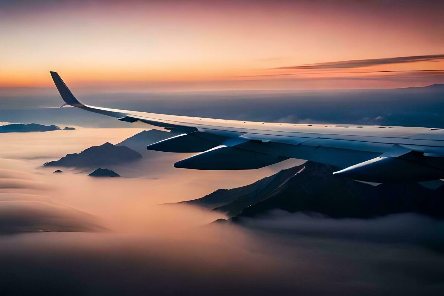 an airplane wing flying over the clouds at sunset. AI-Generated photo