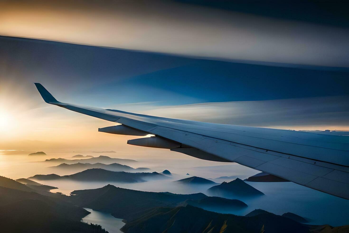 an airplane wing flying over mountains and water. AI-Generated photo