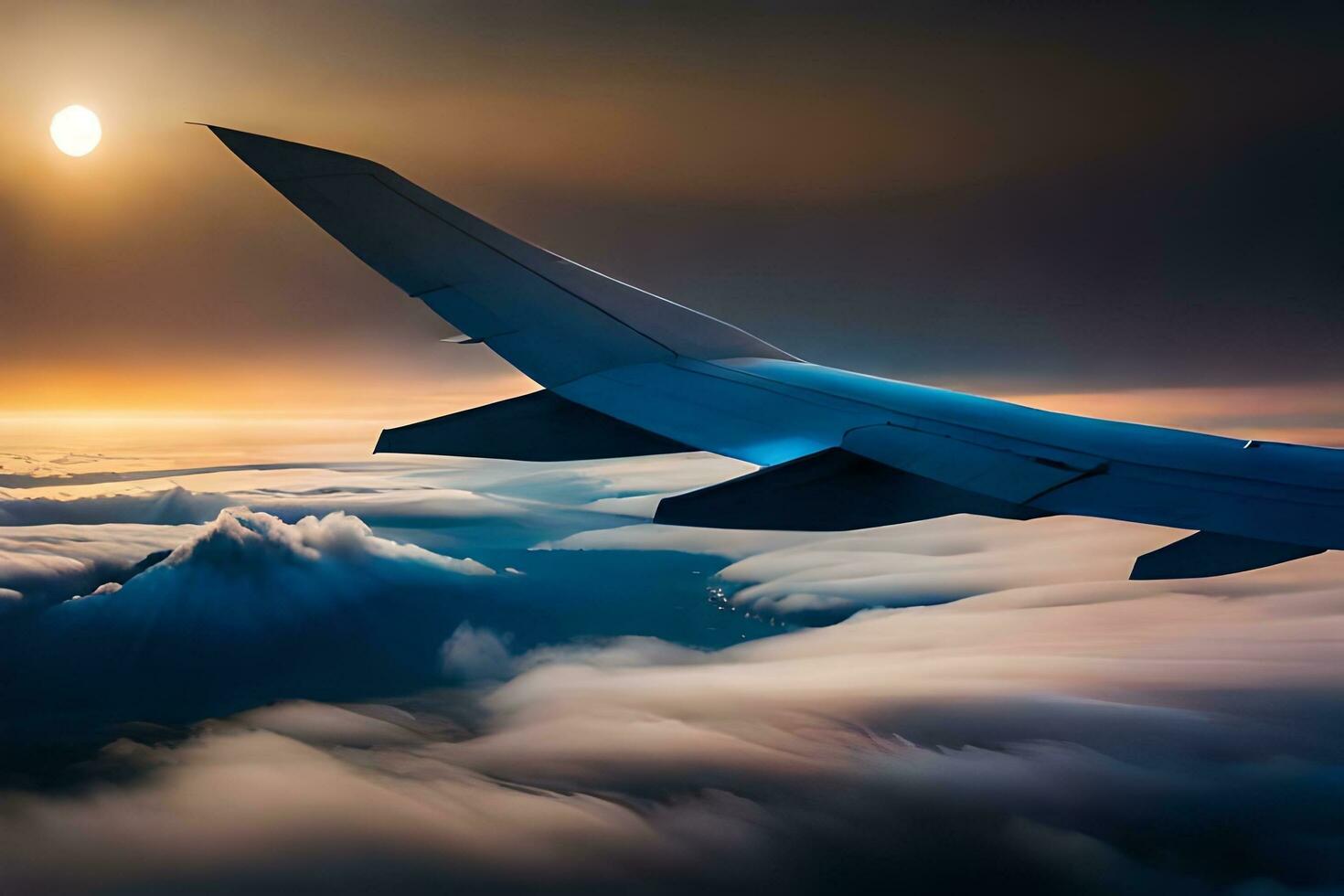 an airplane wing flying over the clouds. AI-Generated photo