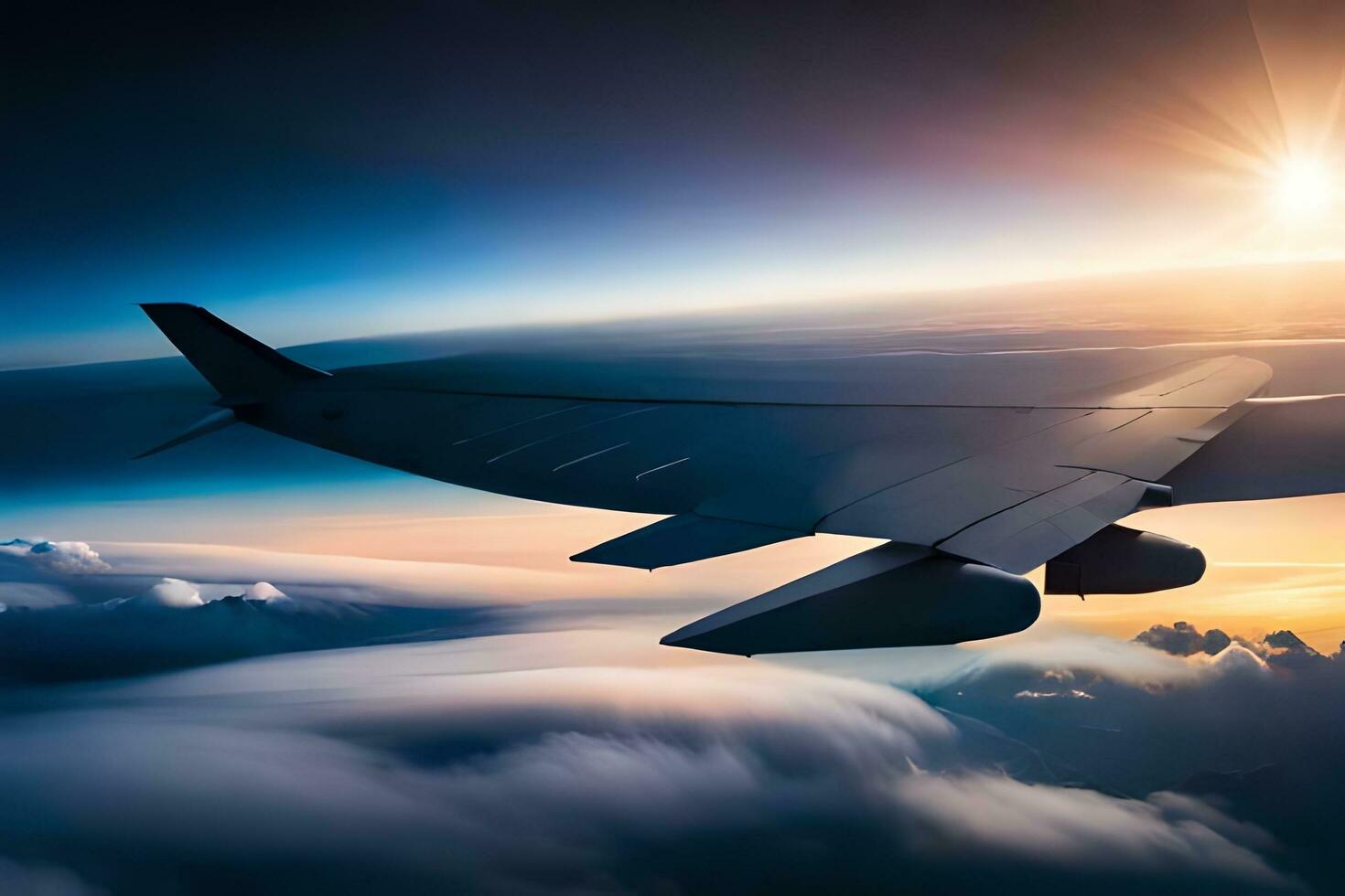 an airplane flying over clouds at sunset. AI-Generated photo