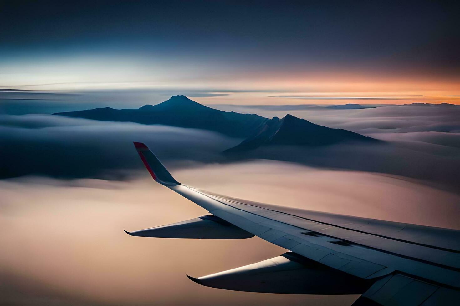 an airplane wing flying over the clouds. AI-Generated photo