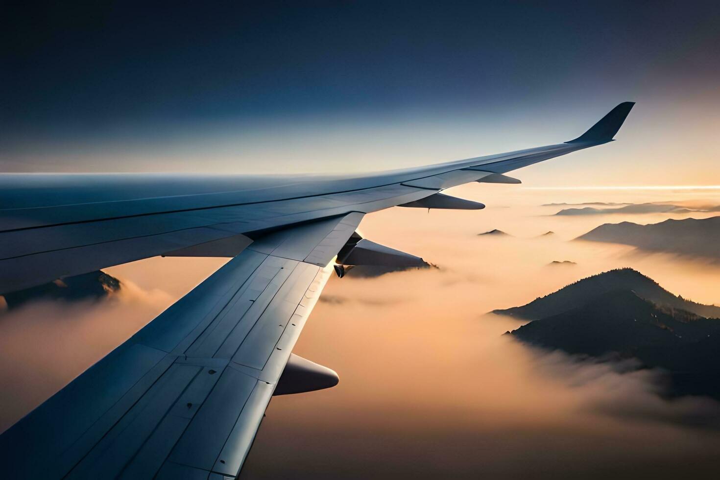 an airplane wing flying over the clouds. AI-Generated photo