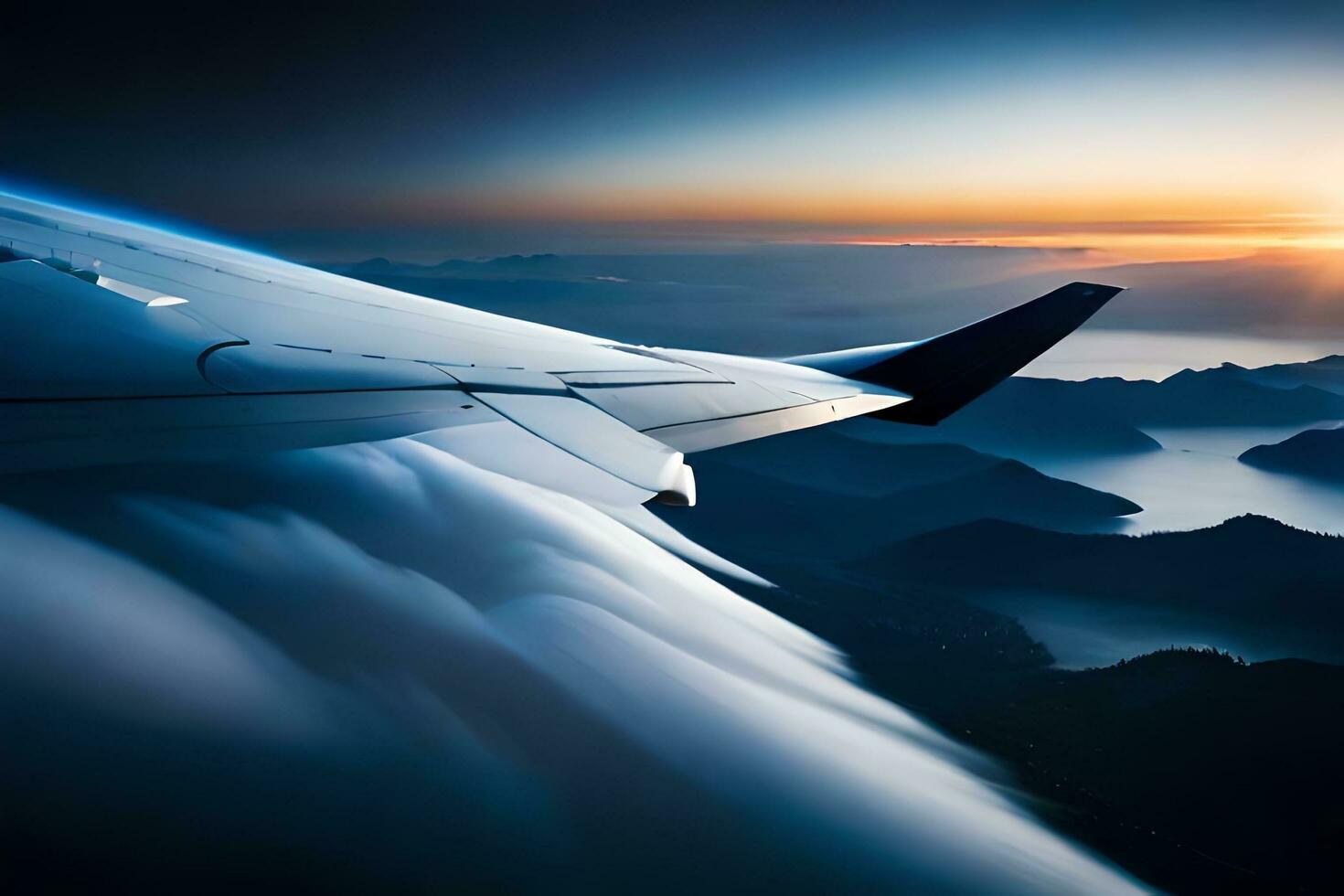 an airplane wing is flying over a mountain range. AI-Generated photo