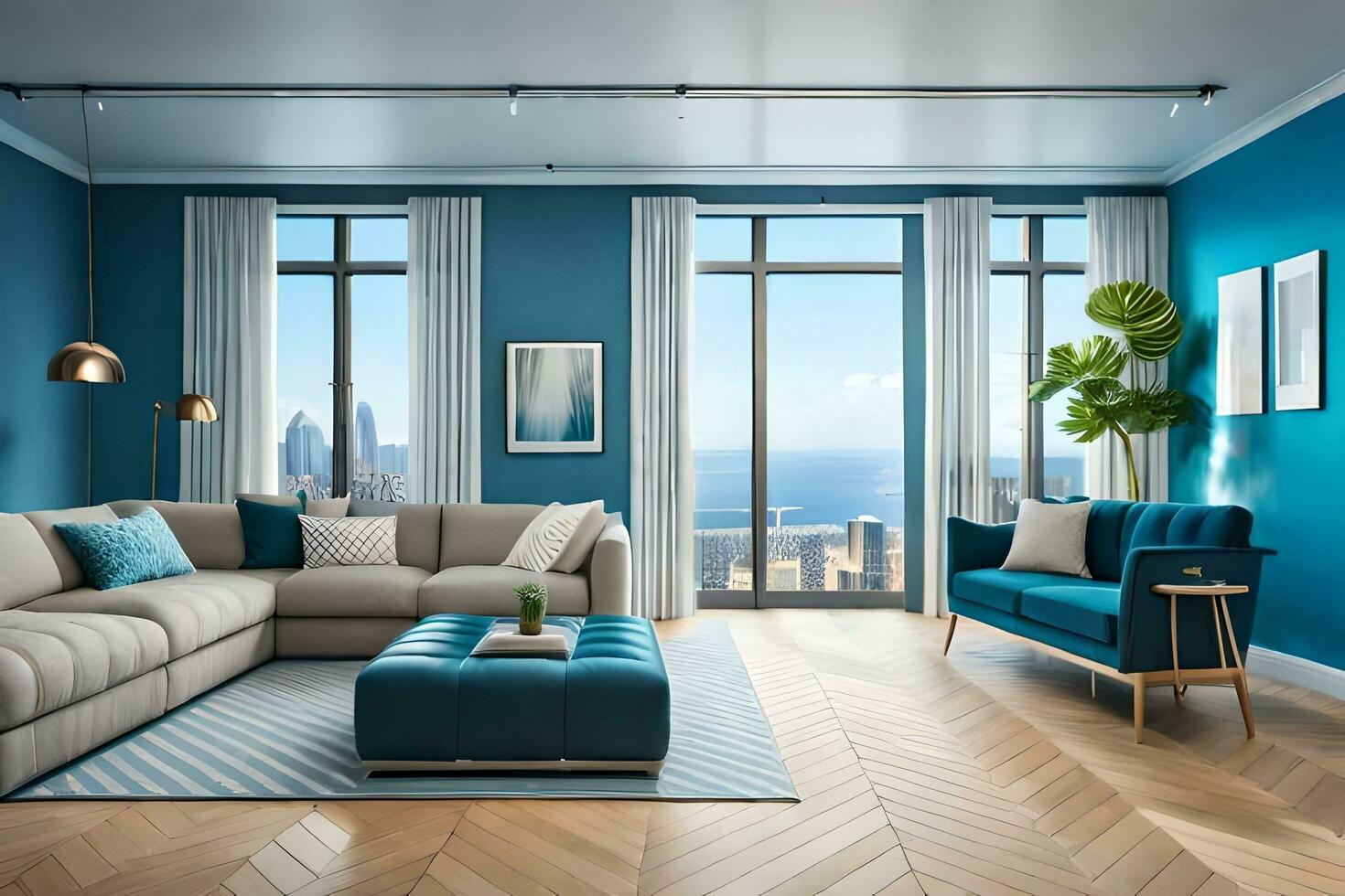 a modern living room with blue walls and hardwood floors. AI-Generated photo