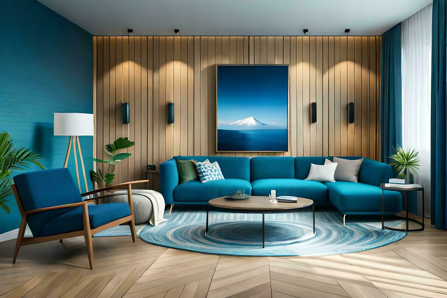 a modern living room with blue furniture and wood paneling. AI-Generated photo