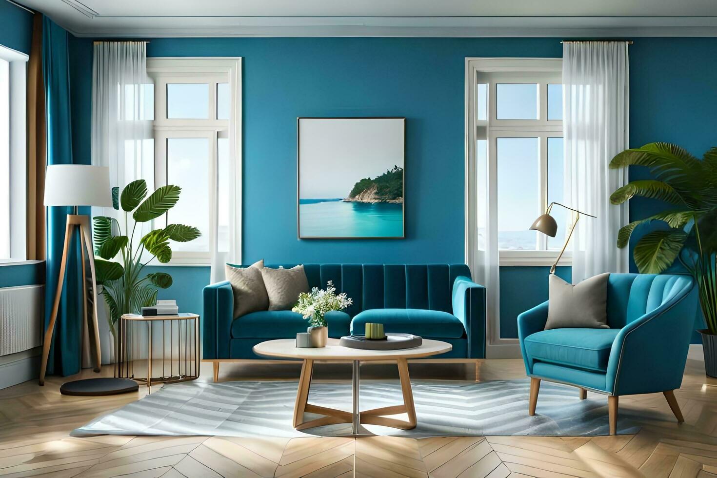 a blue living room with a blue sofa and chair. AI-Generated photo