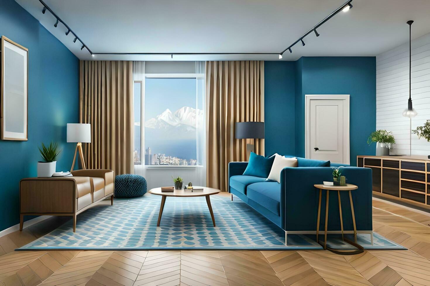 a modern living room with blue walls and wood floors. AI-Generated photo