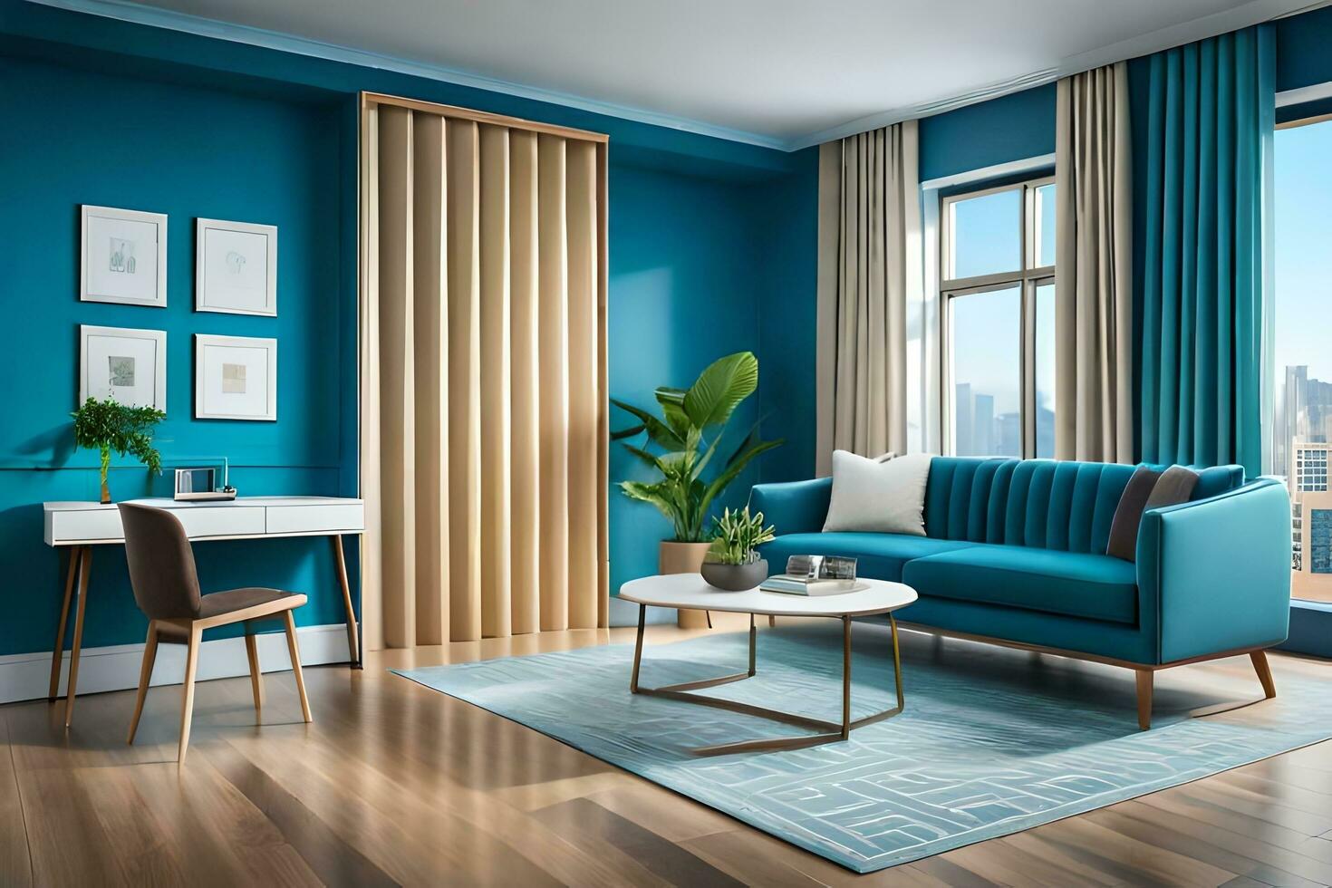 a modern living room with blue walls and wooden floors. AI-Generated photo