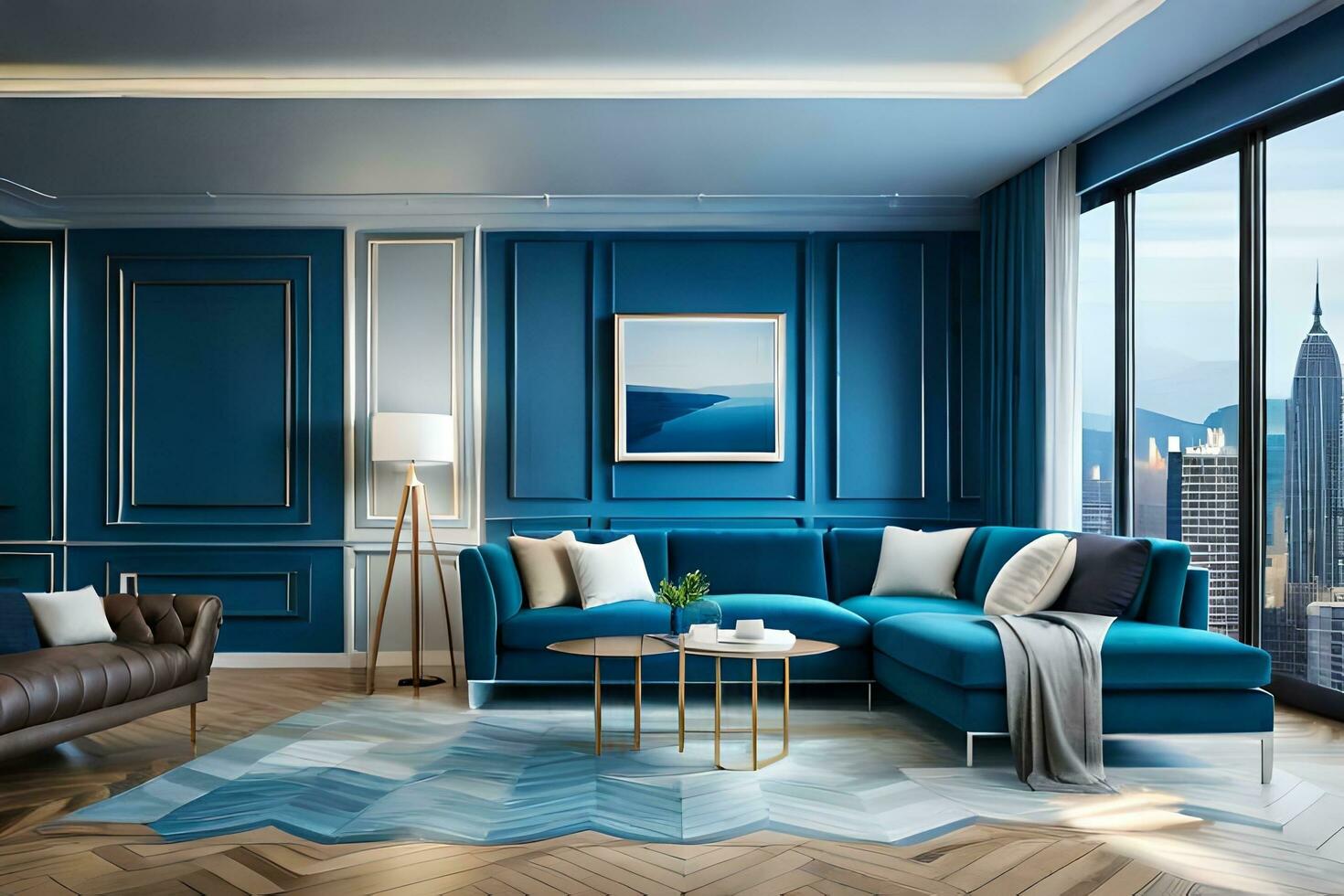 blue living room with large windows and a view of the city. AI-Generated photo