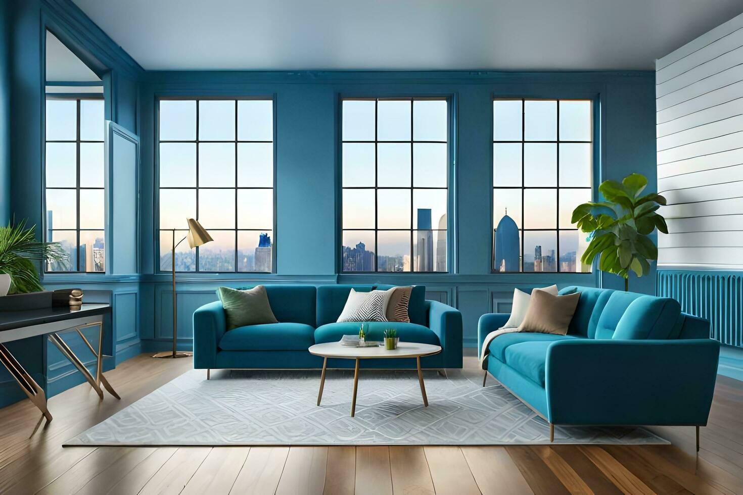 a blue living room with two couches and a coffee table. AI-Generated photo
