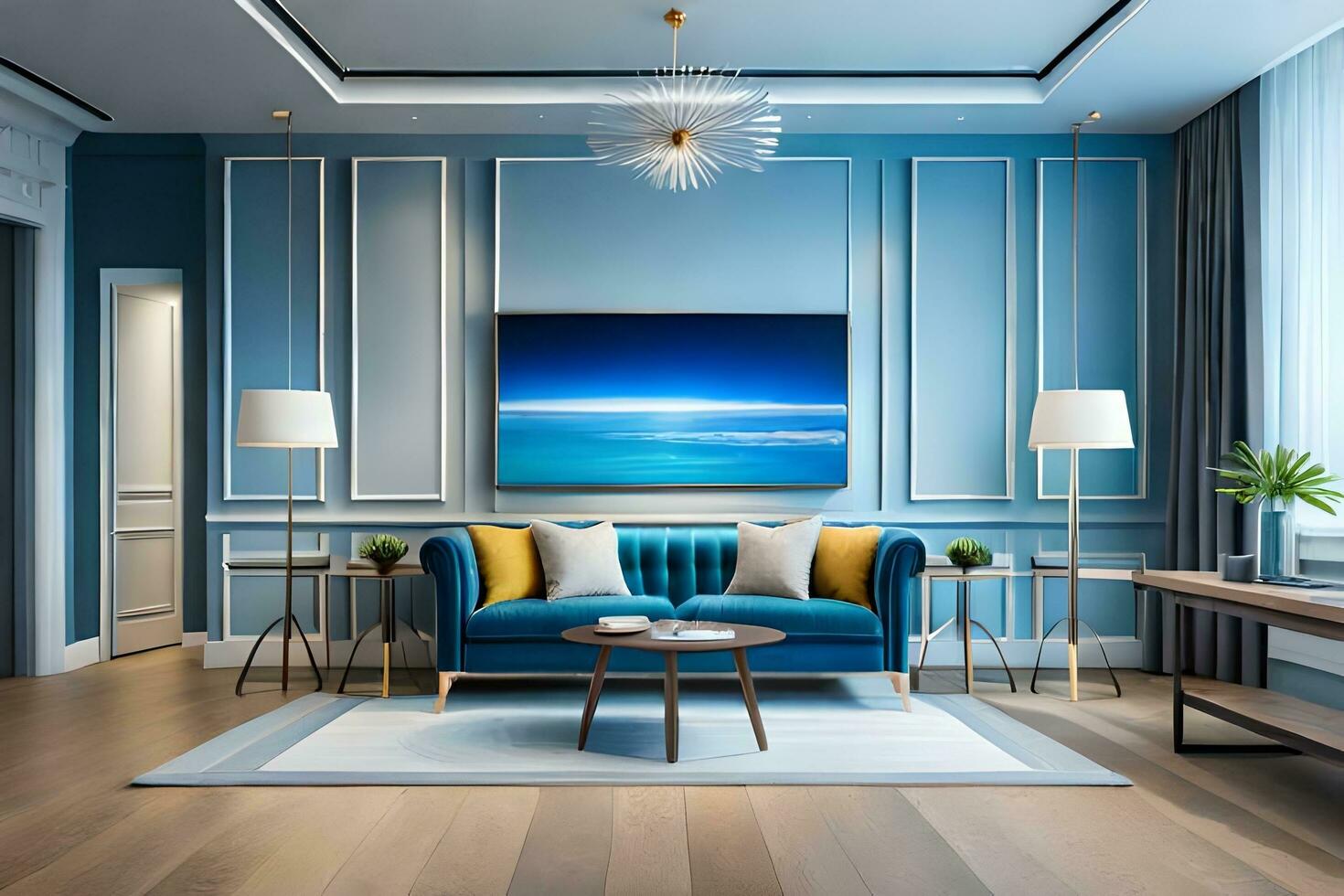 a blue living room with a large painting on the wall. AI-Generated photo