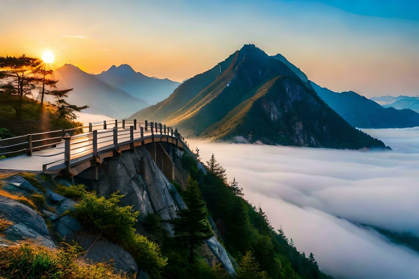 a bridge over the clouds in the mountains at sunrise. AI-Generated photo
