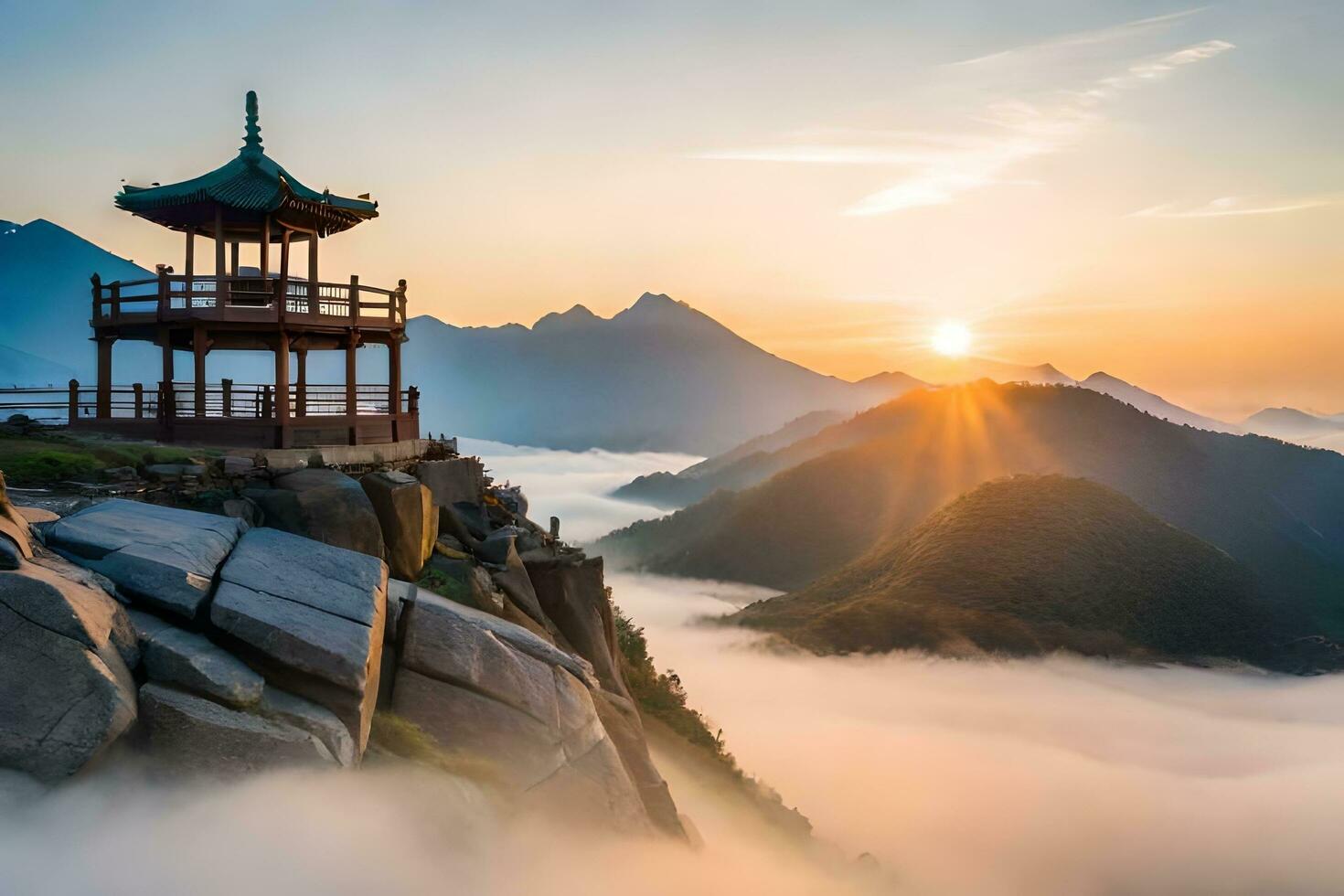 the pagoda on top of the mountain at sunrise. AI-Generated photo