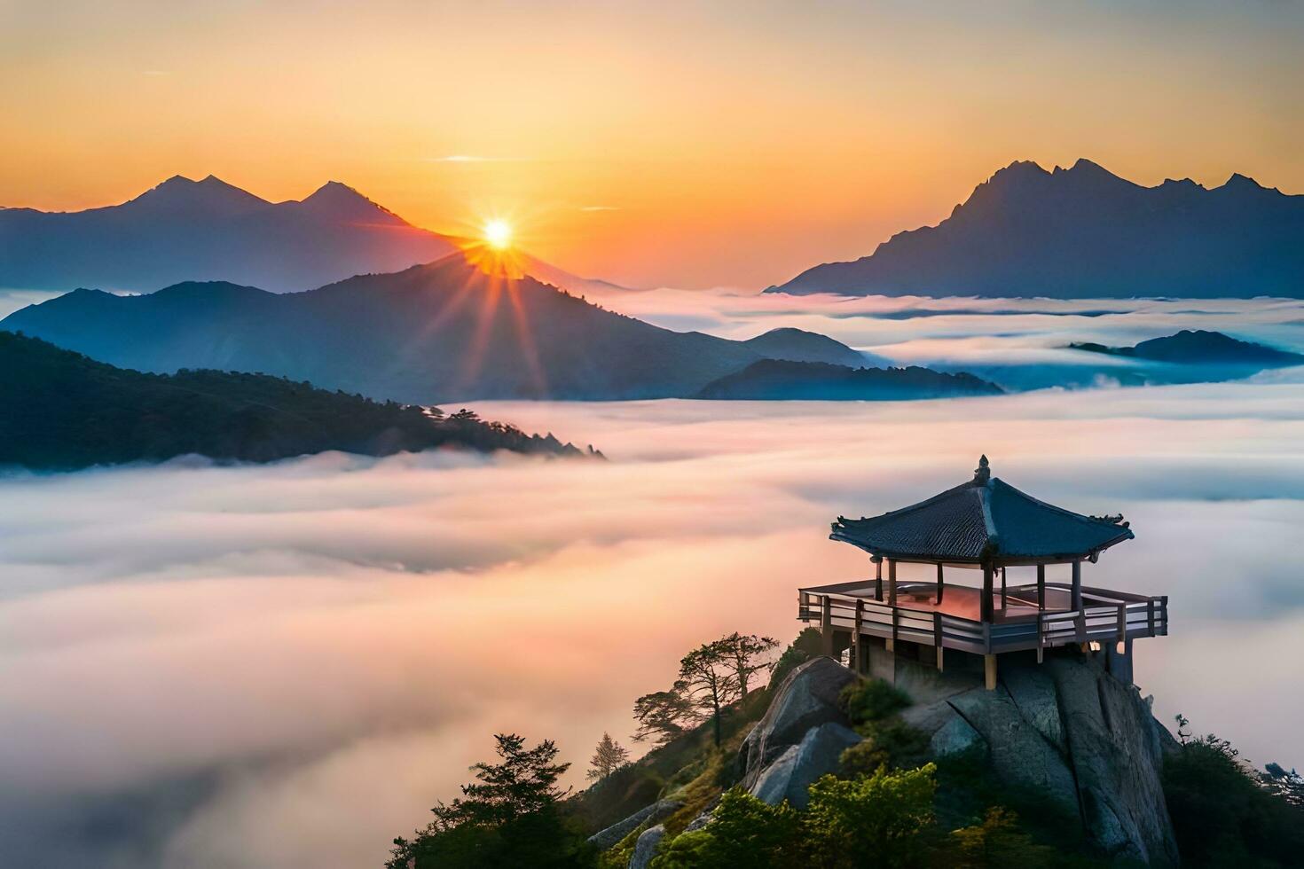 the sunrise over the clouds in the mountains. AI-Generated photo