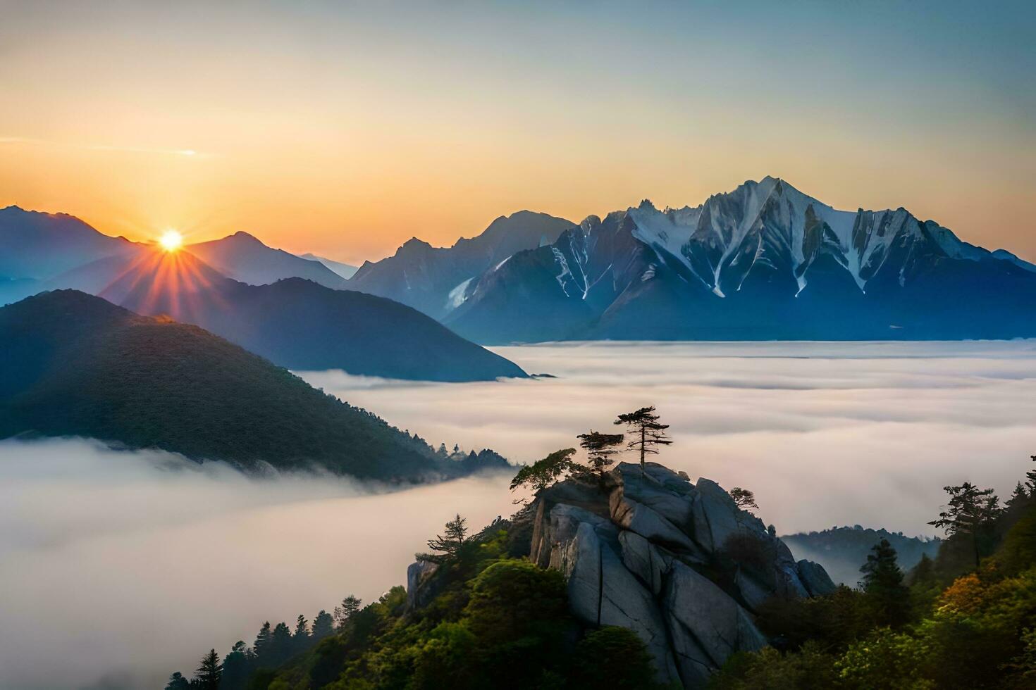 the sun rises over the mountains and fog. AI-Generated photo