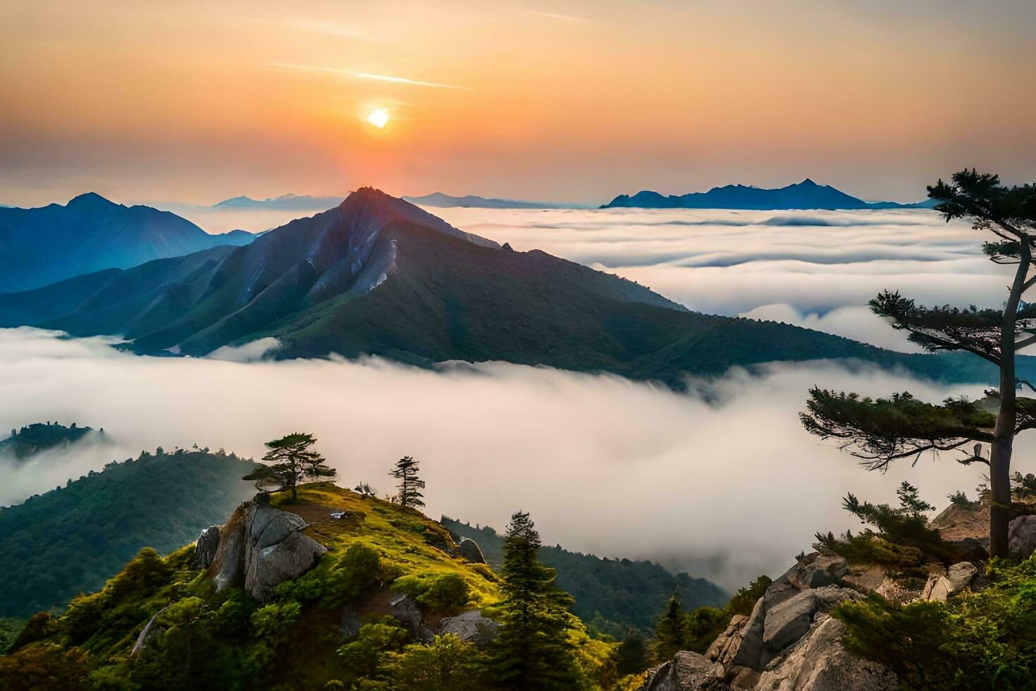 a view of the mountains and clouds at sunset. AI-Generated photo