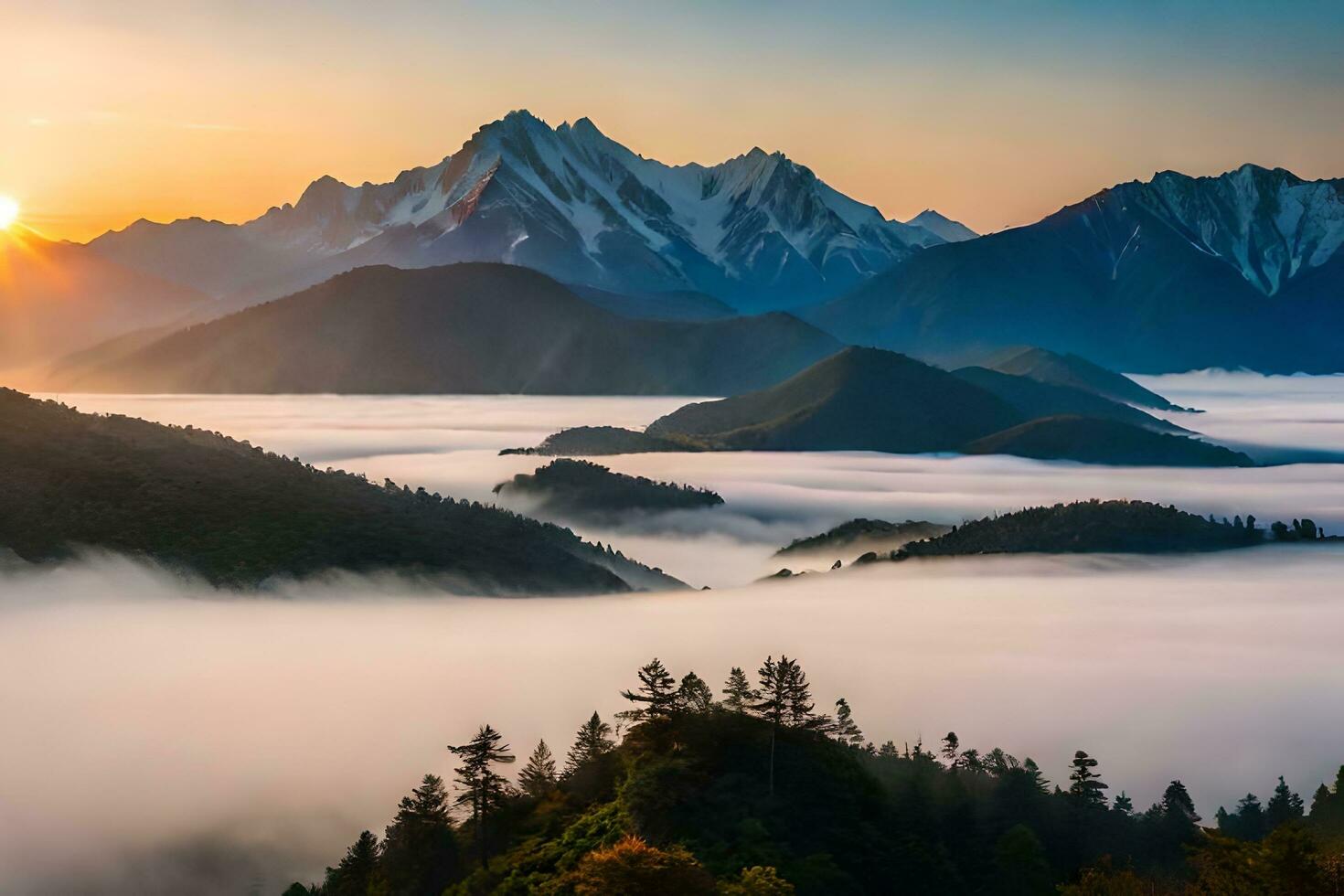 the sun rises over the mountains and fog in this photo. AI-Generated photo