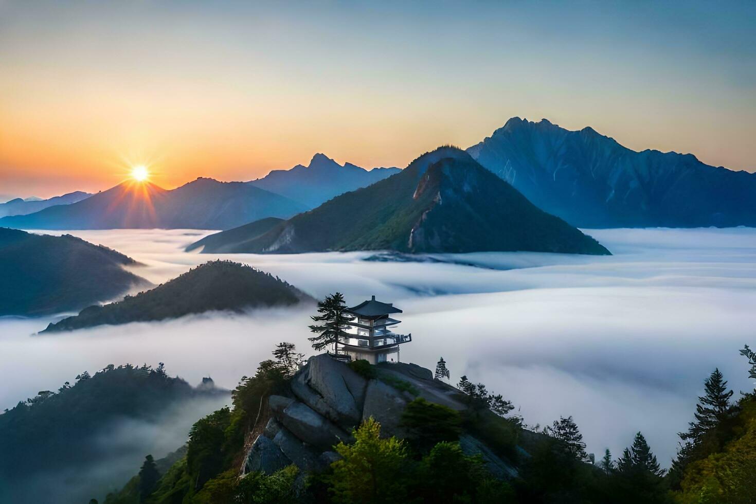 the sun rises over the mountains and fog. AI-Generated photo