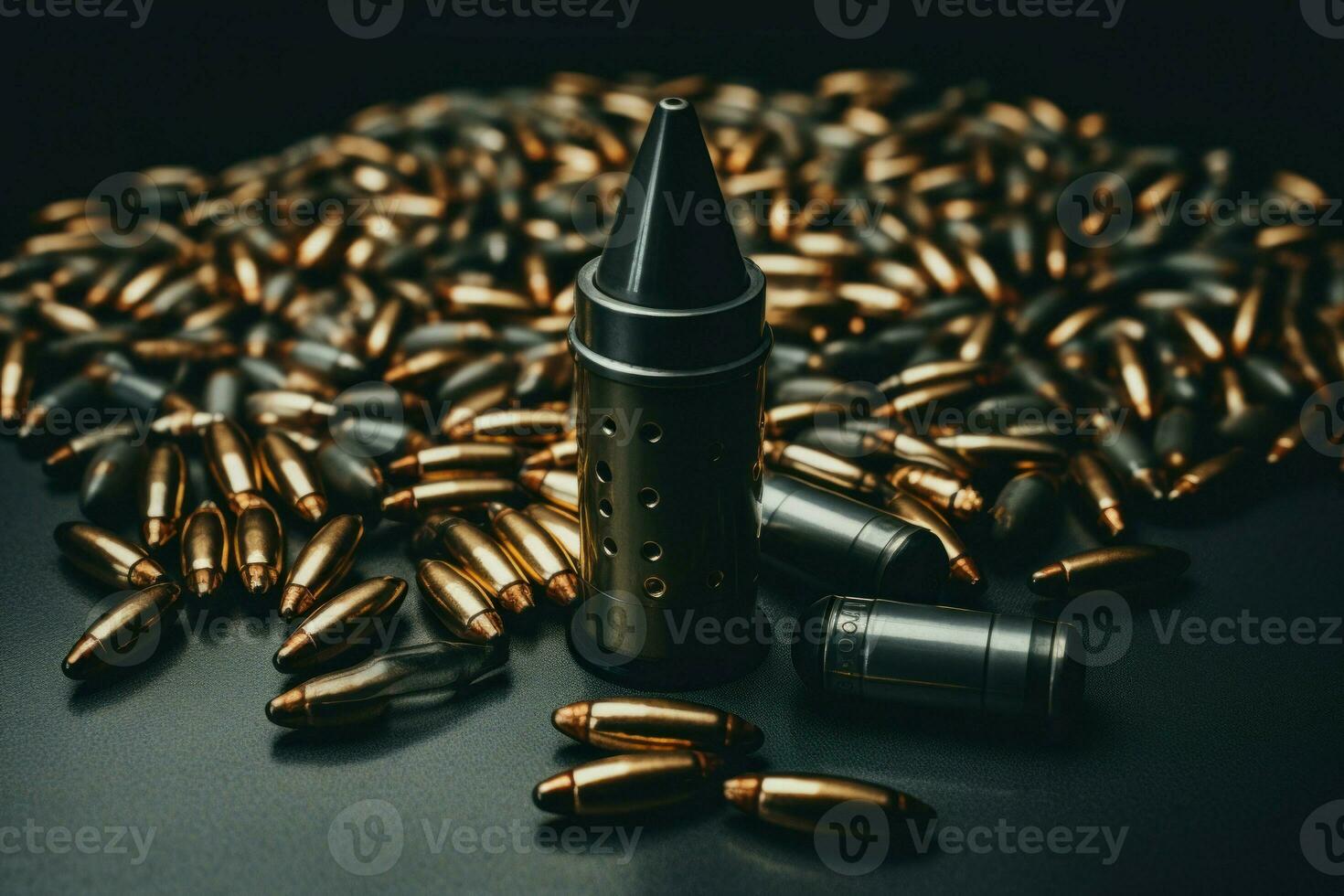 Bullets pile and gun on gray table. Generate Ai photo