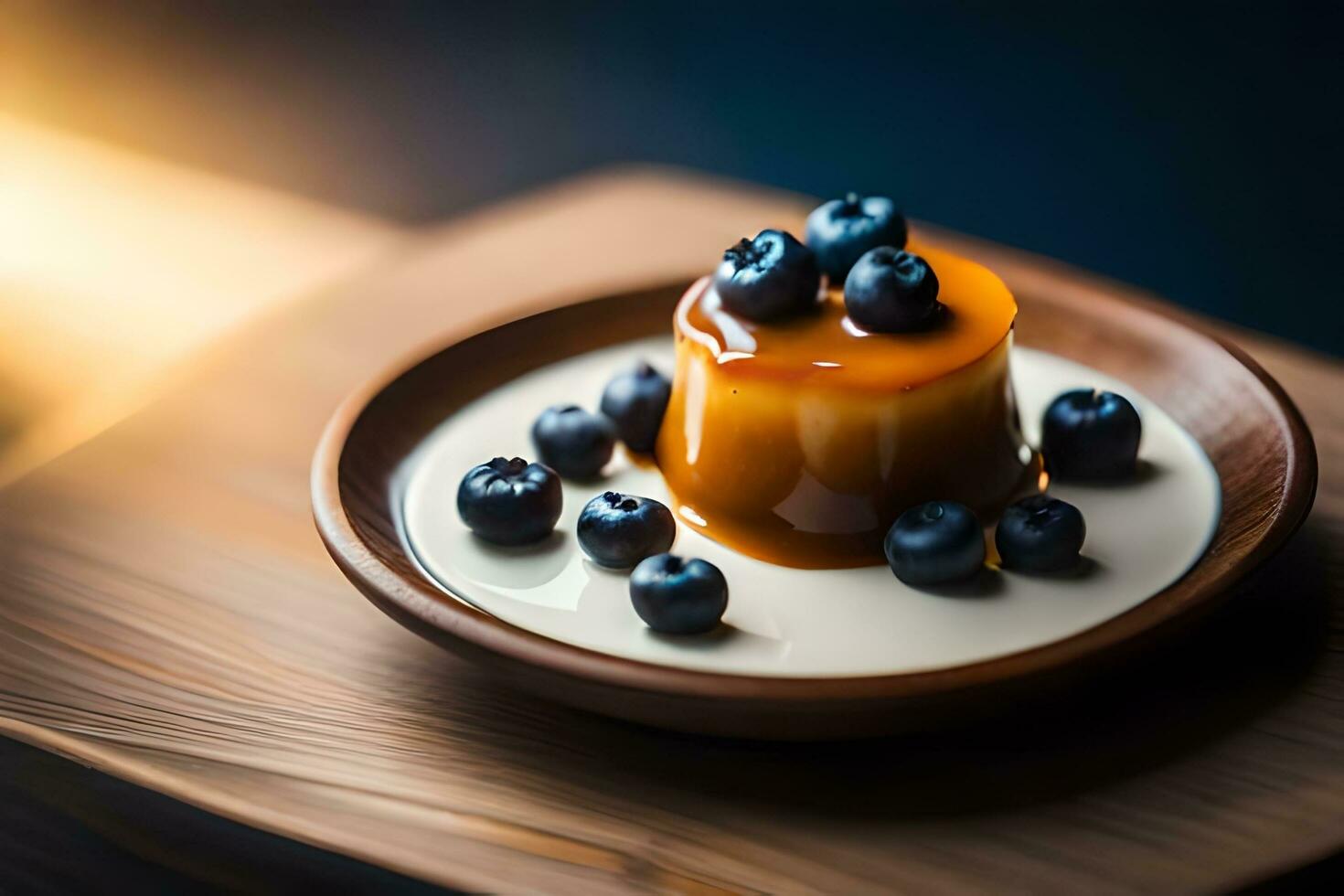 caramel pudding with blueberries on wooden plate. AI-Generated photo