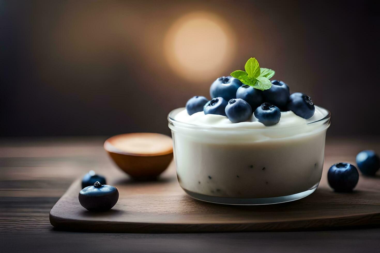 yogurt with blueberries on wooden table. AI-Generated photo