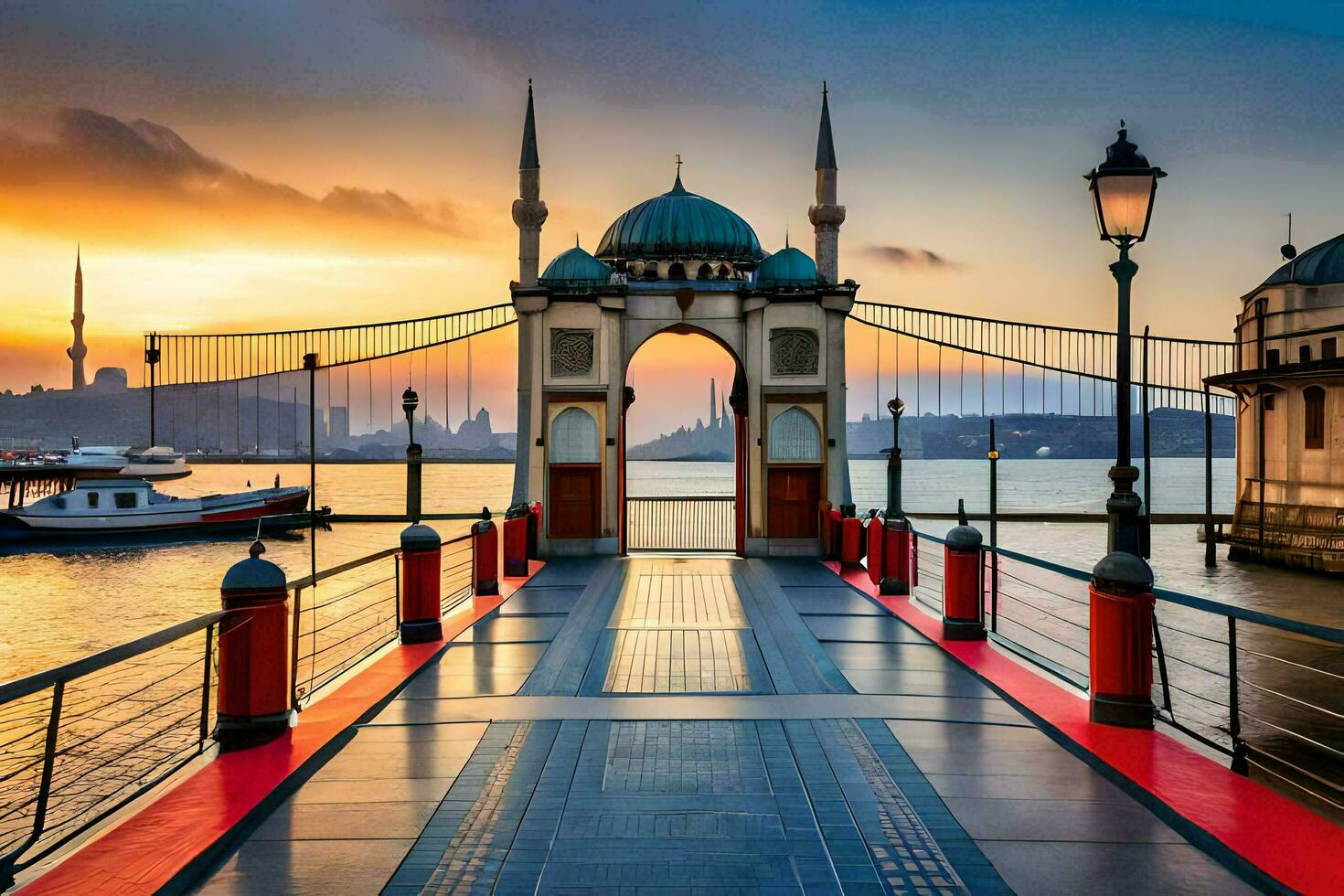 el puente terminado el bósforo a puesta de sol. generado por ai foto