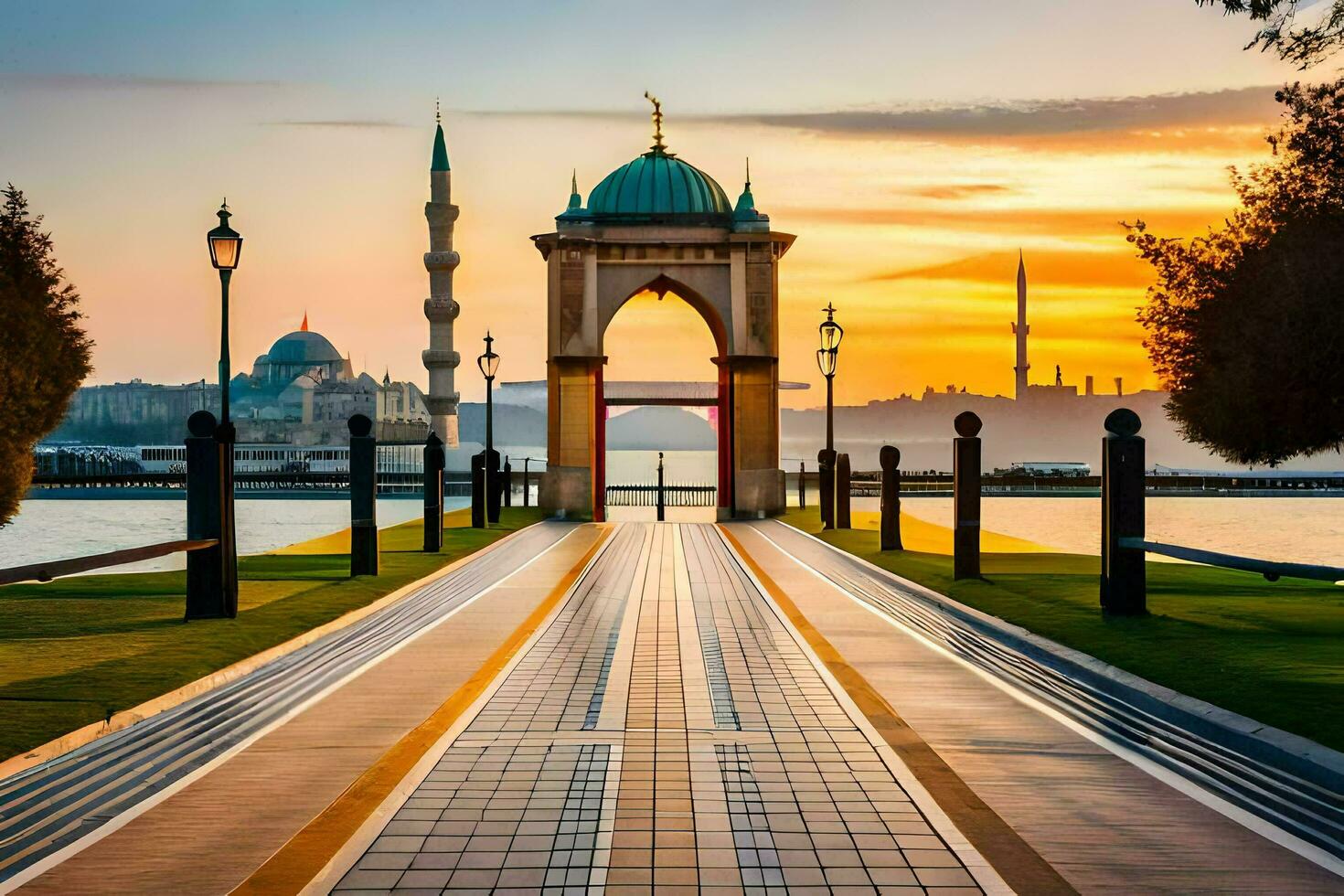 the sun sets over the istanbul skyline. AI-Generated photo