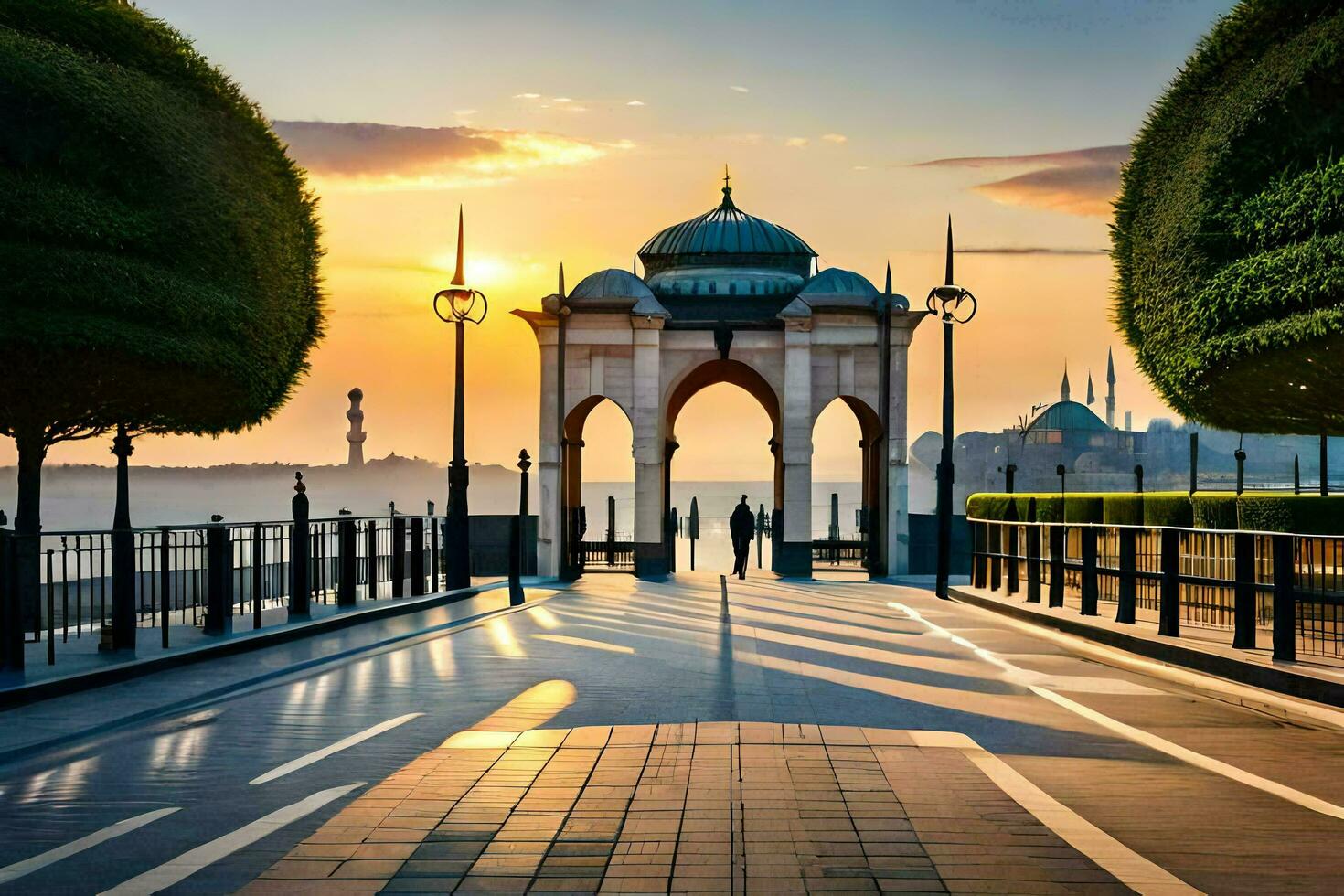 the sun is setting over a bridge with a gate and trees. AI-Generated photo