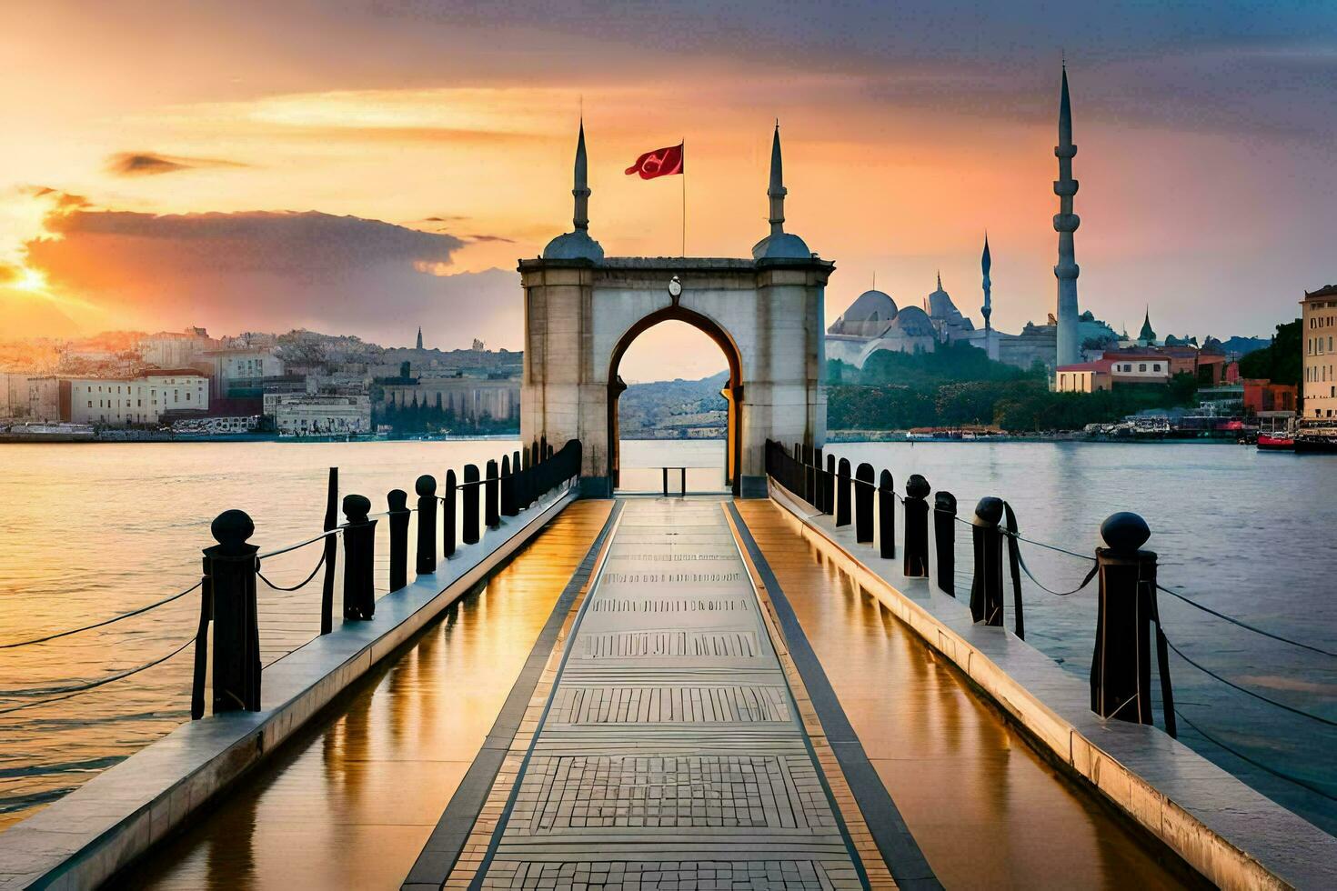 el puente terminado el agua a puesta de sol en Estanbul. generado por ai foto