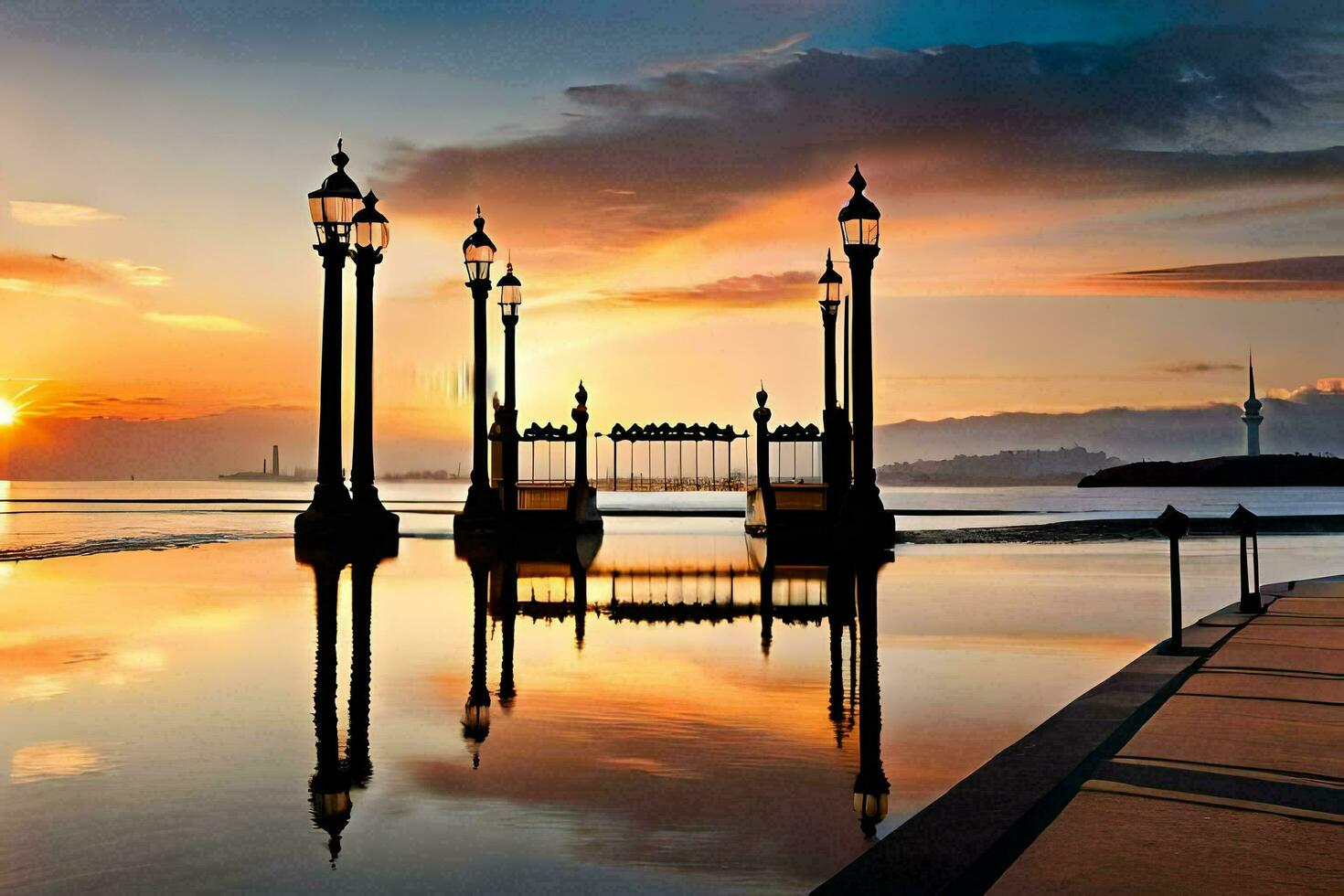 a sunset over the water with a bridge and lamp posts. AI-Generated photo